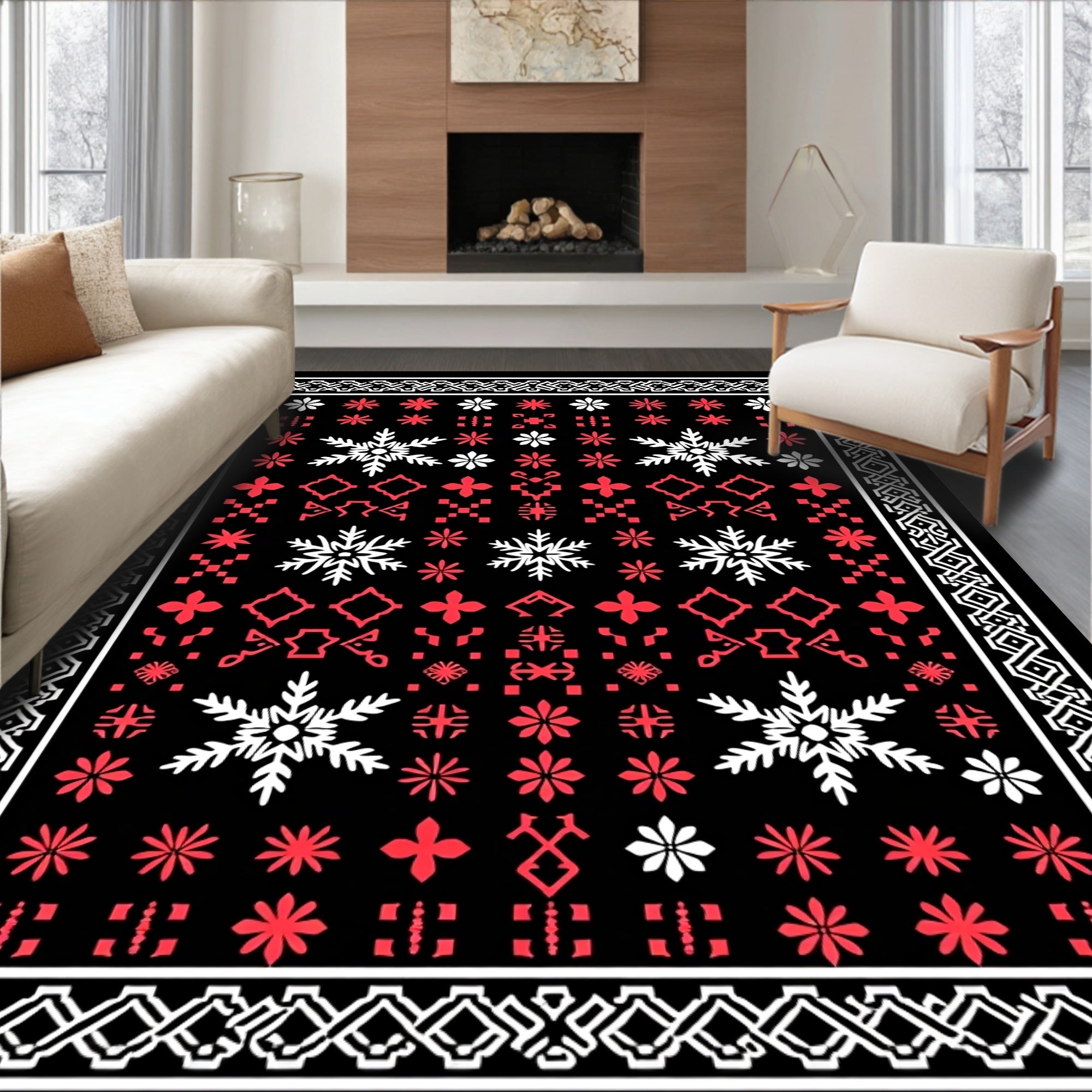 Black Red White Snowflake Pattern Rug