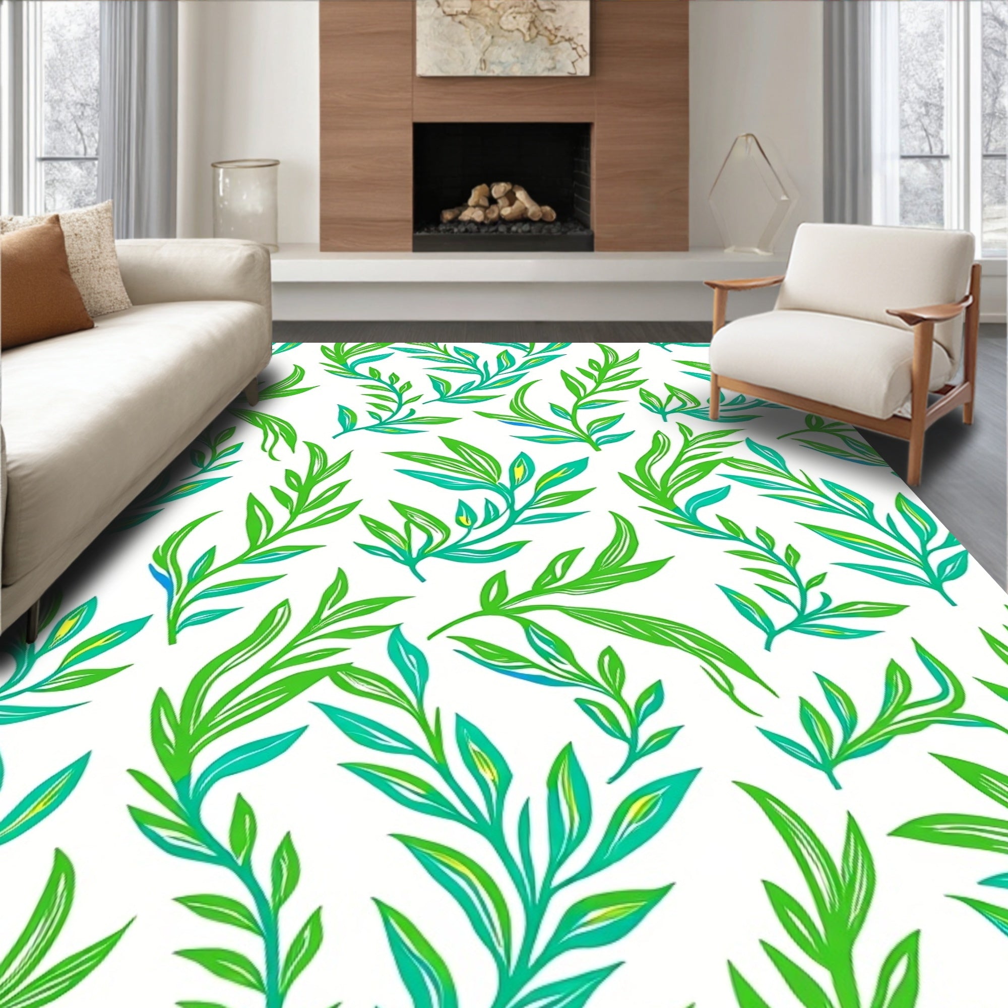 Lush Green Leafy Branch Pattern Rug