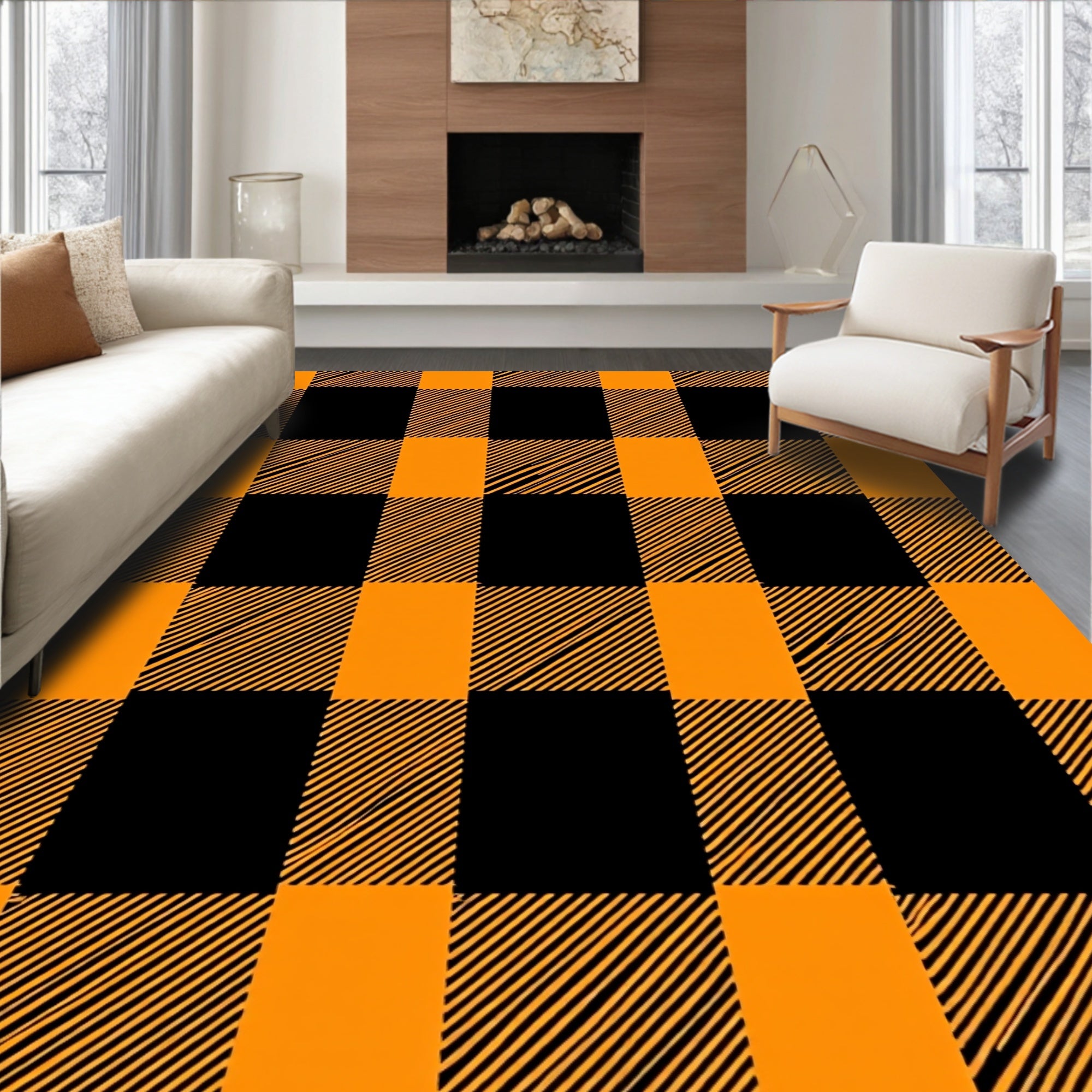 Rustic Orange Black Buffalo Check Rug