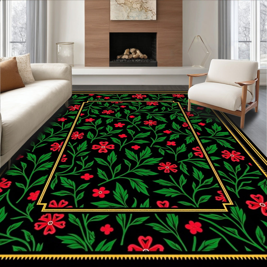 Black Floral Vine Pattern Rug