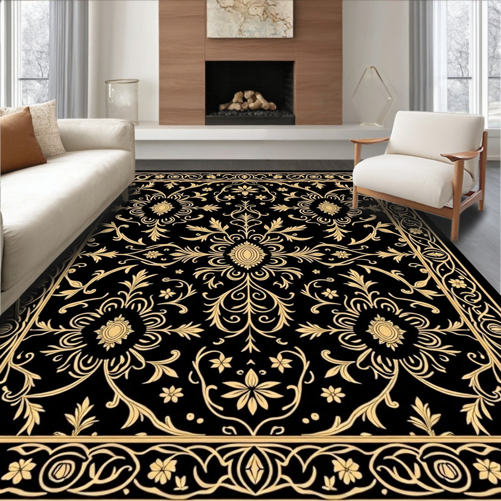 Ornate Gold Floral Scrollwork Pattern Rug