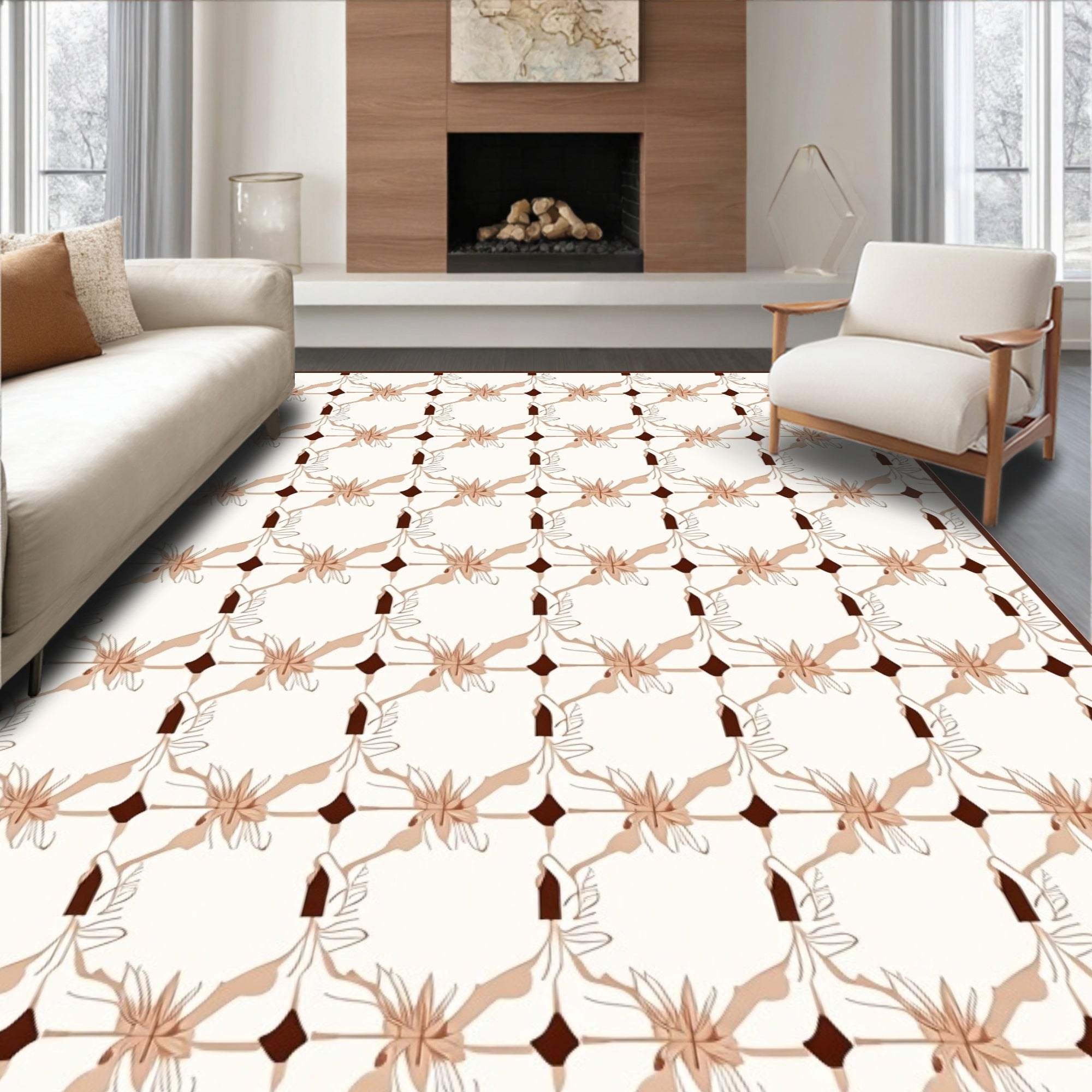 Elegant Floral Swirls Geometric Pattern Rug