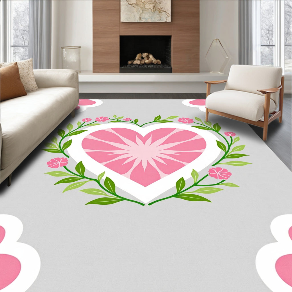 Pink Heart Floral Wreath Design Rug