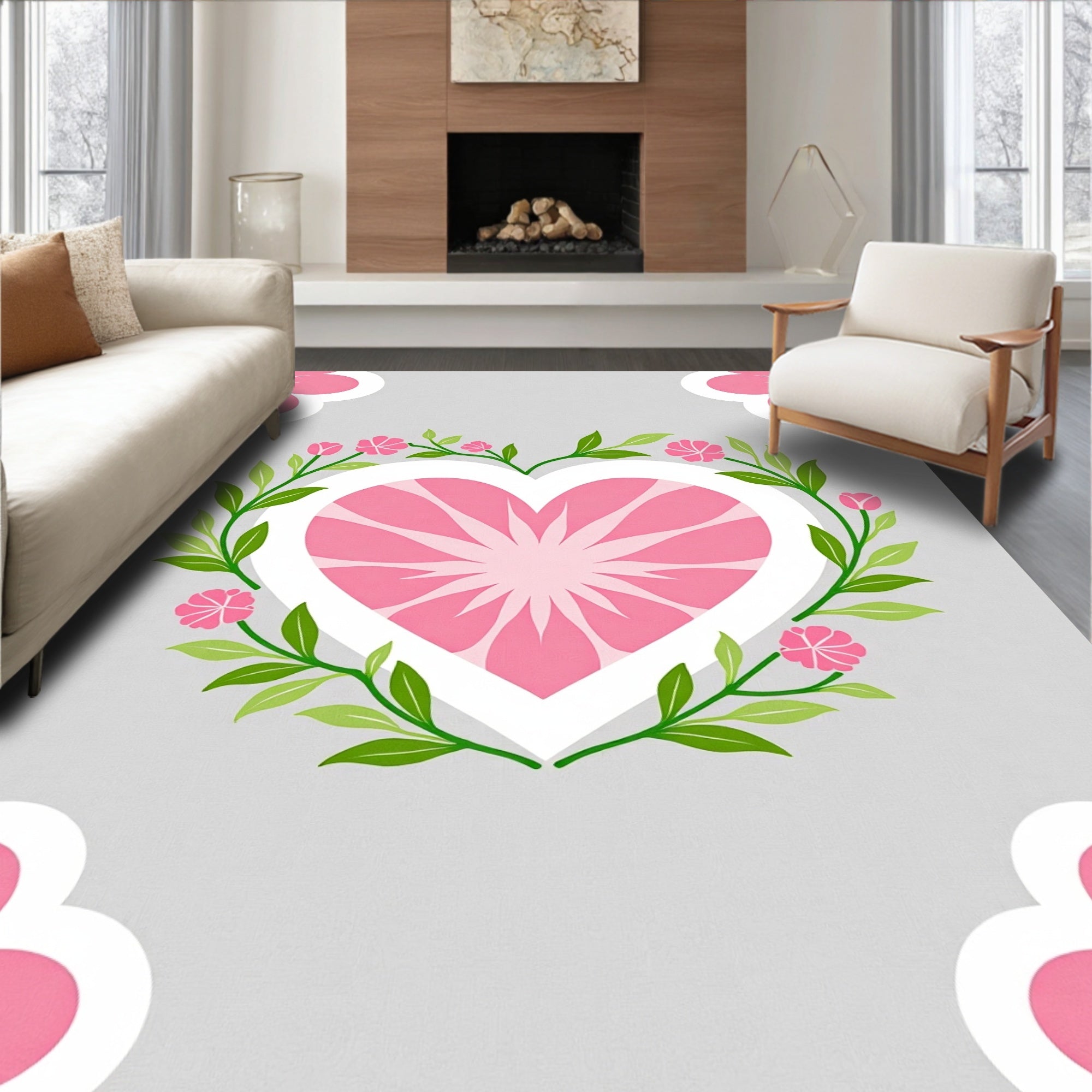 Pink Heart Floral Wreath Design Rug