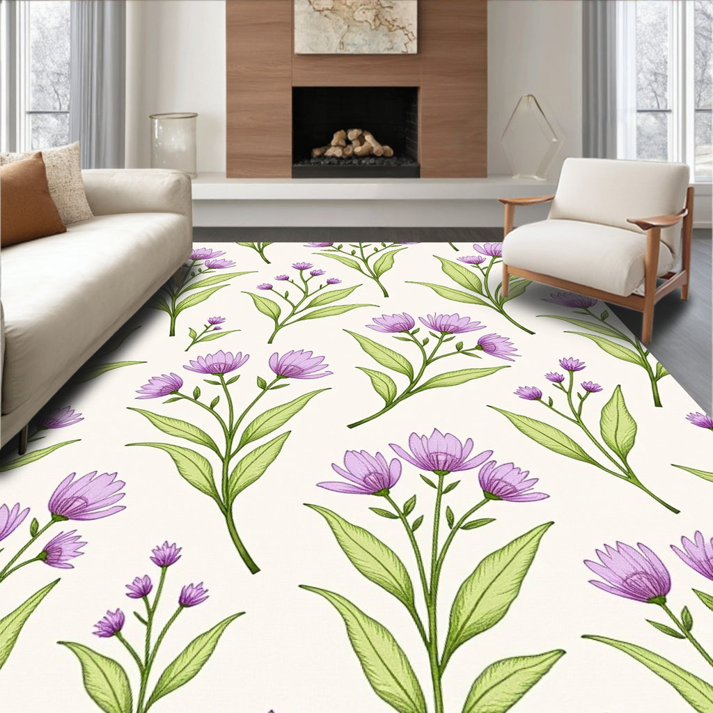 Delicate Lavender Floral Botanical Pattern Rug