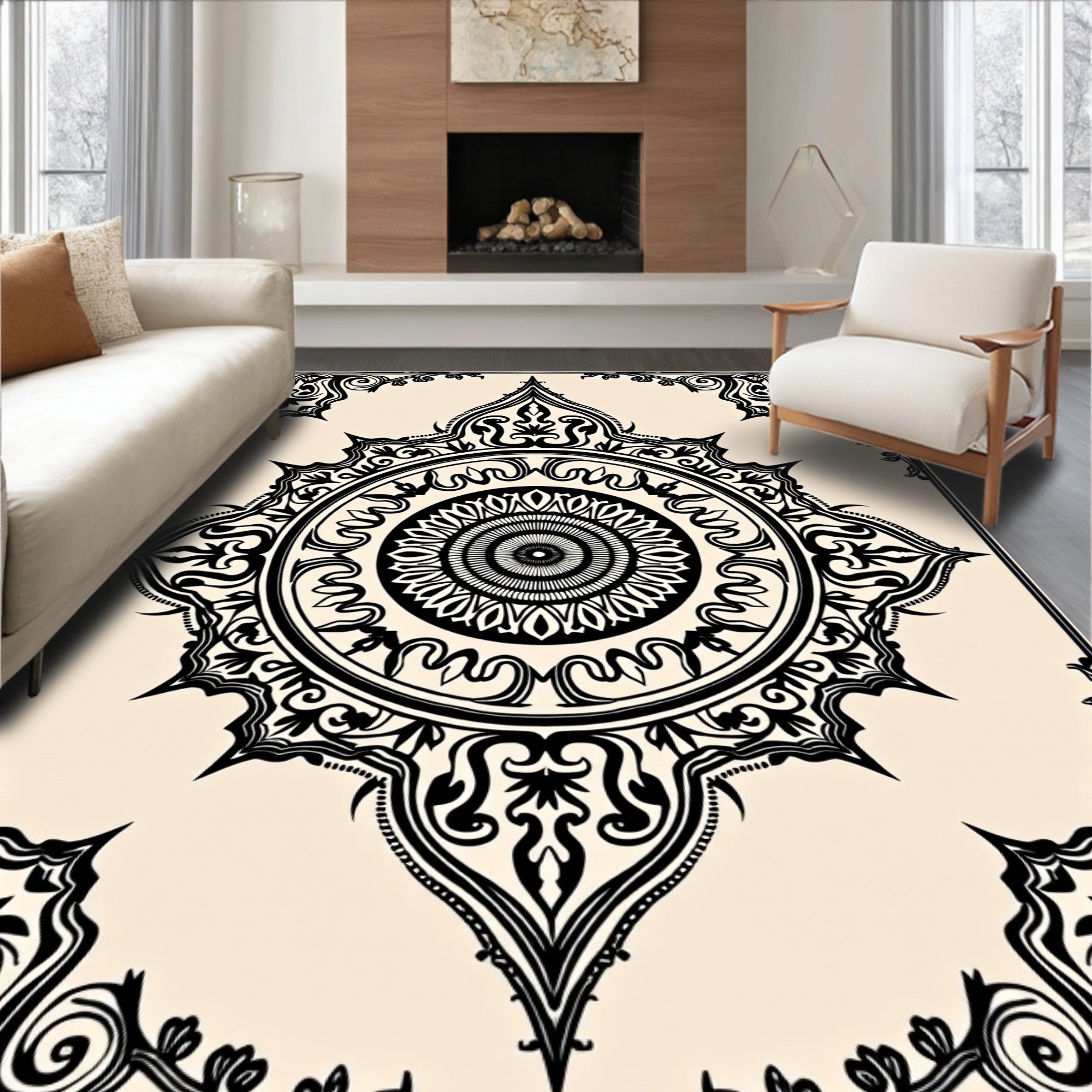 Ornate Black Cream Mandala Design Rug