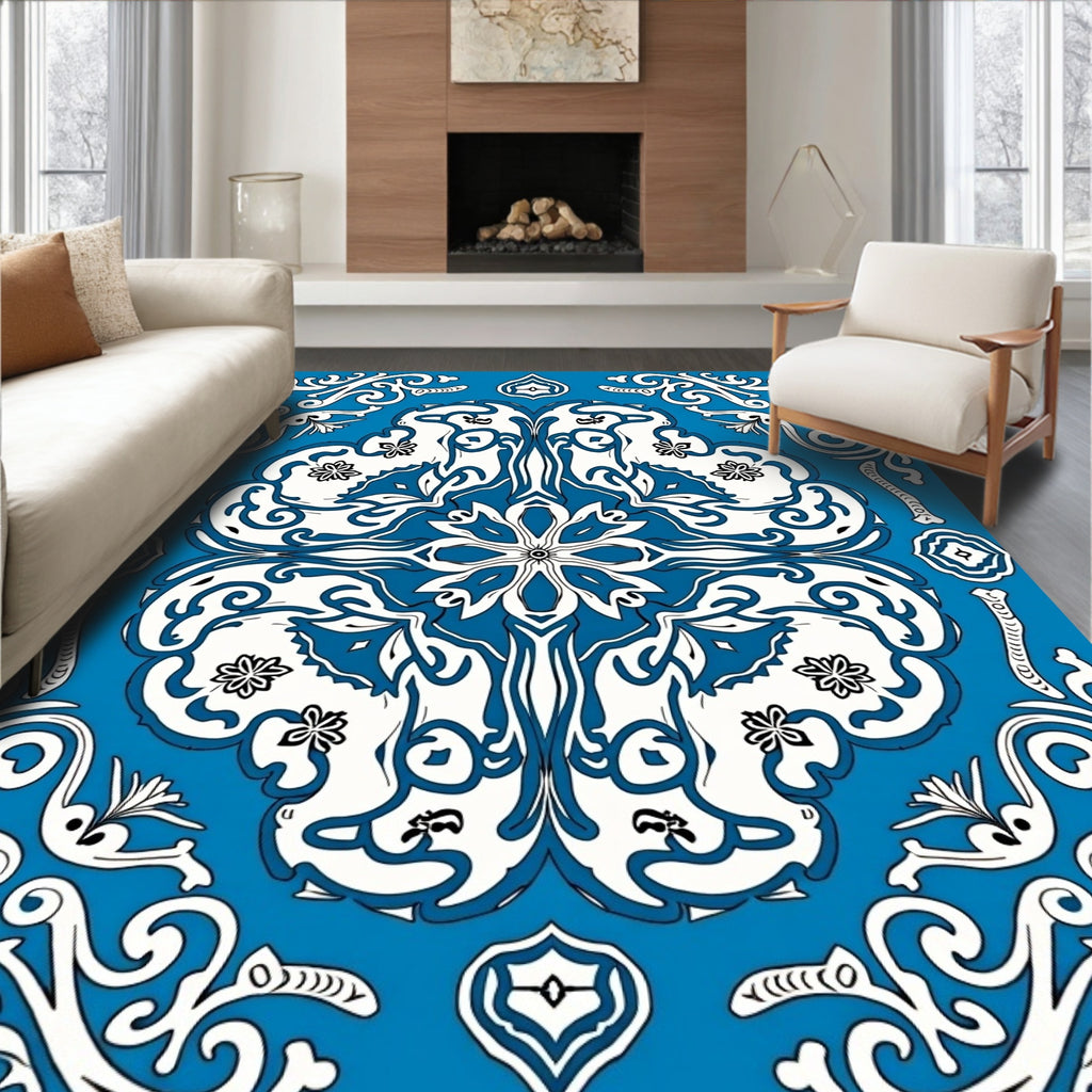 Blue White Intricate Floral Pattern Rug