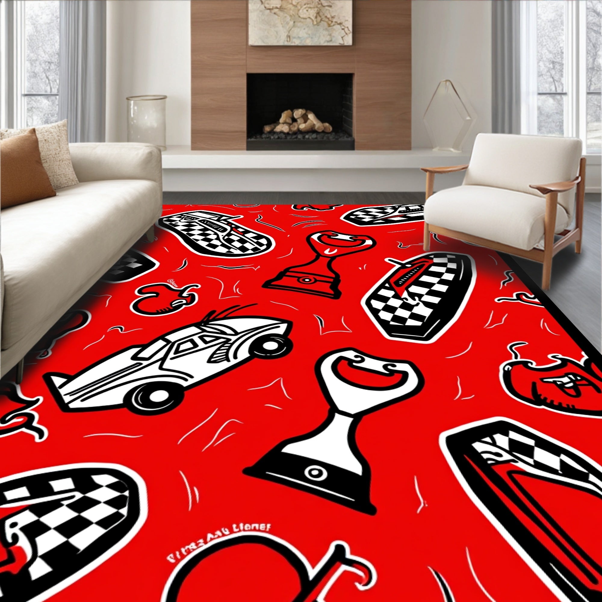 Bold Graphic Cars Bottles Rug
