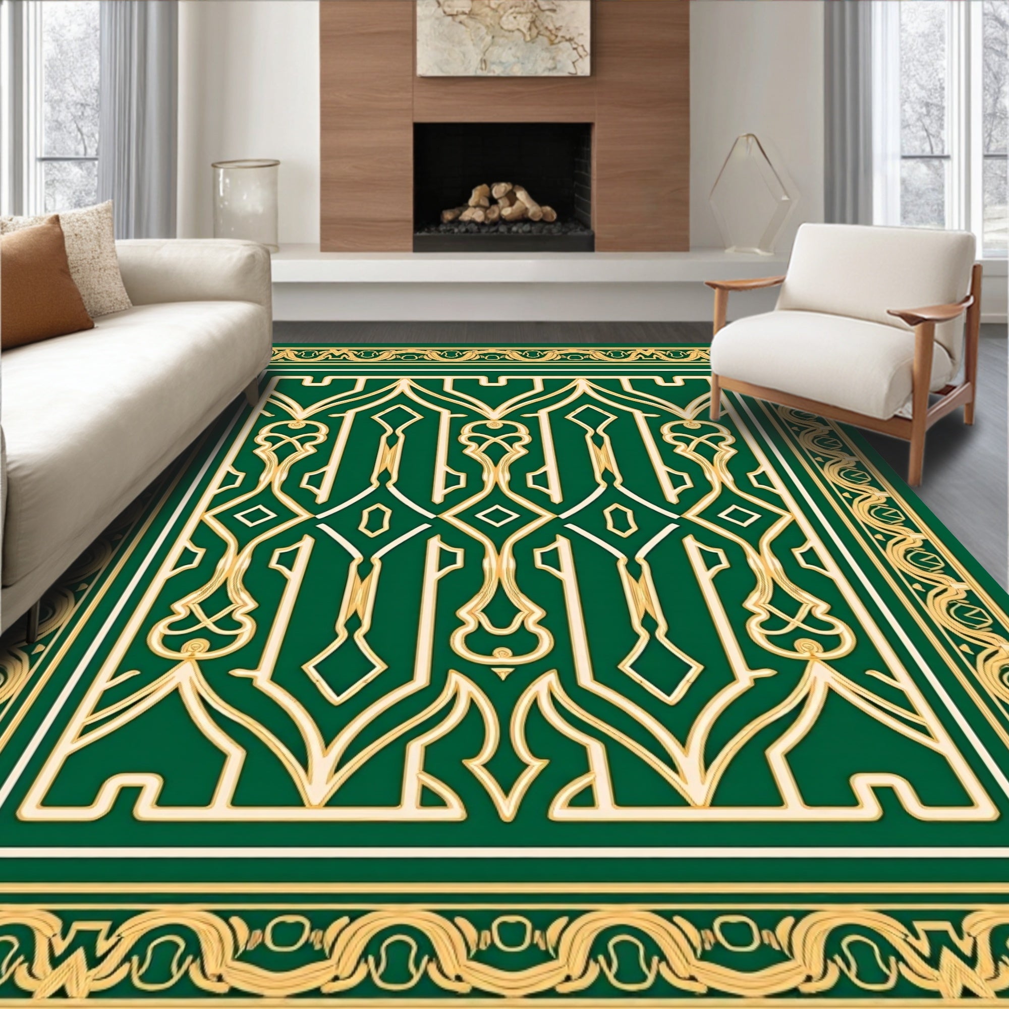 Elegant Emerald Gold Interlocking Design Rug