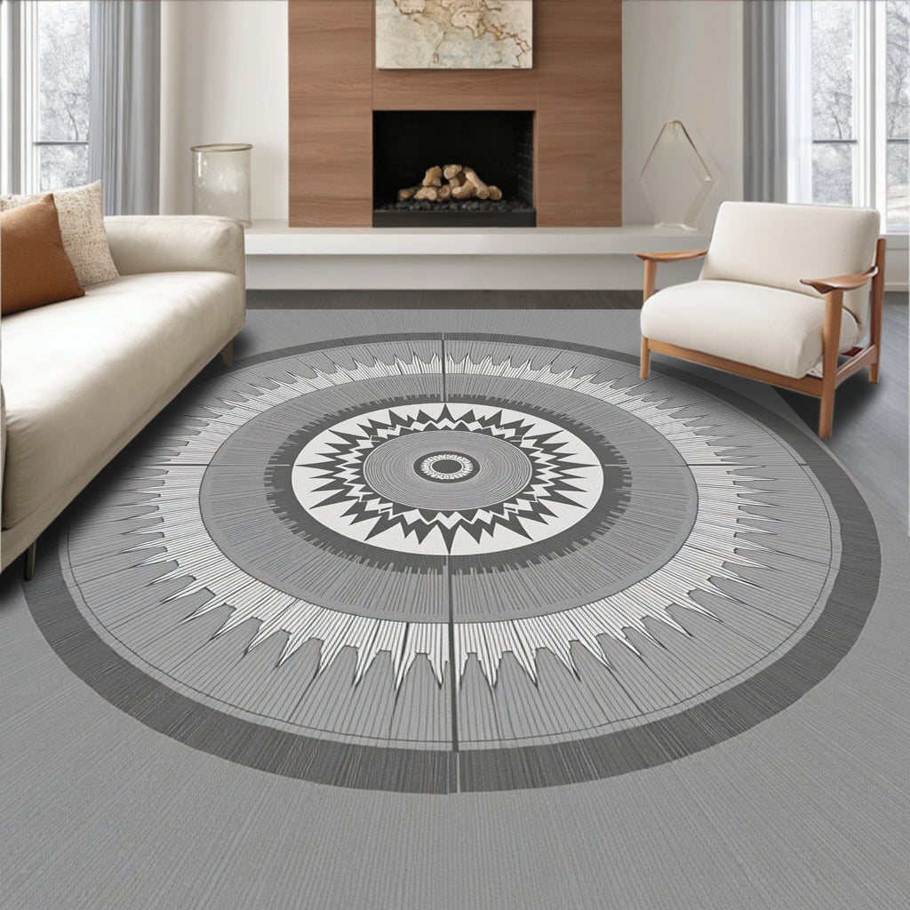 Grey Sunburst Radial Pattern Rug