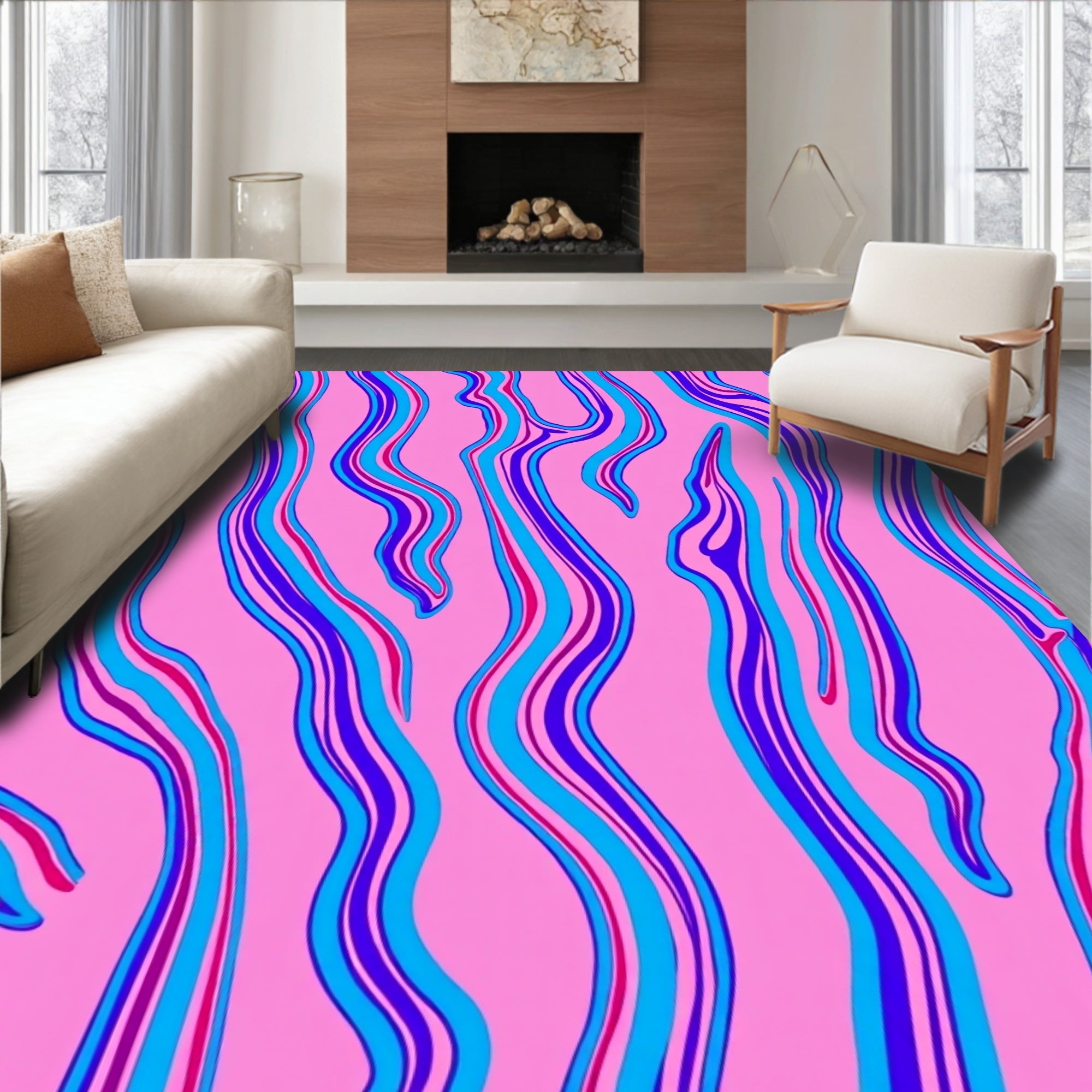 Wavy Lines Pink Blue Pattern Rug
