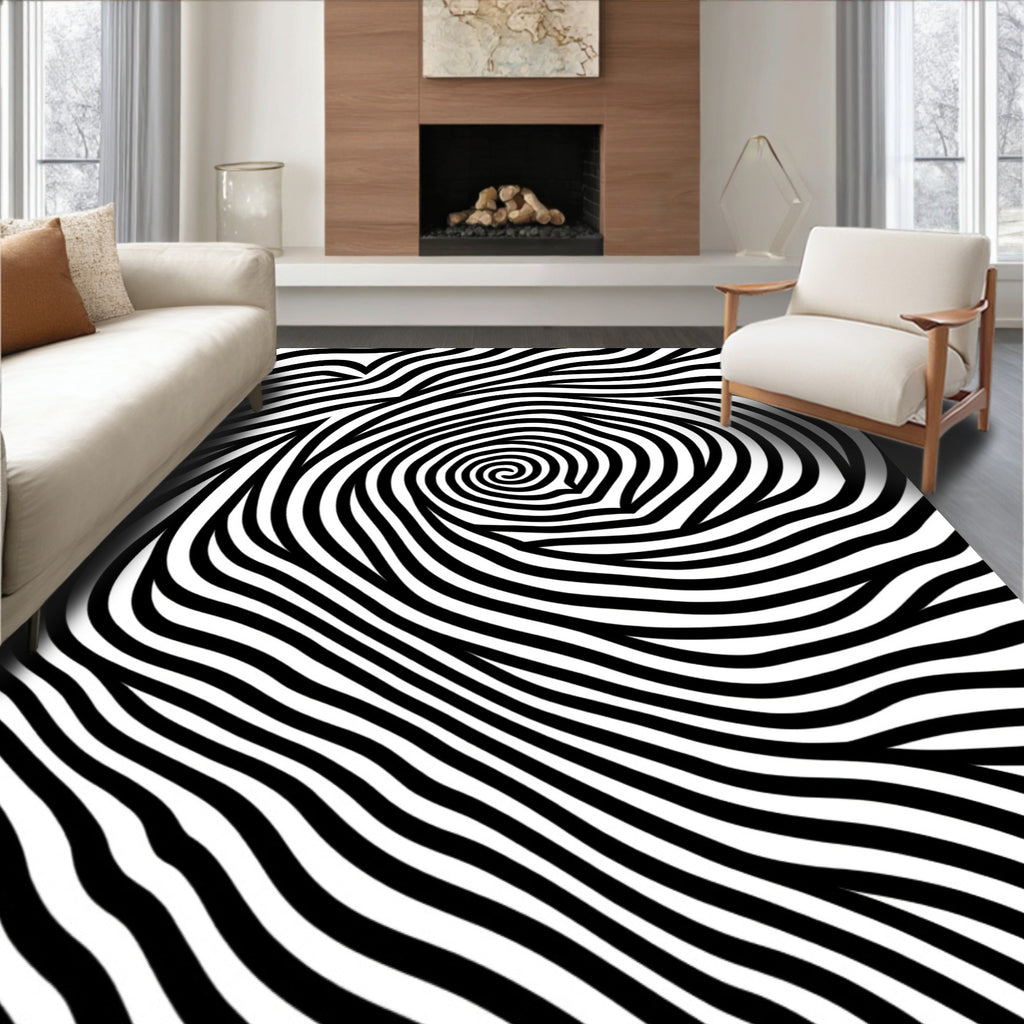 Black White Swirling Wave Pattern Rug