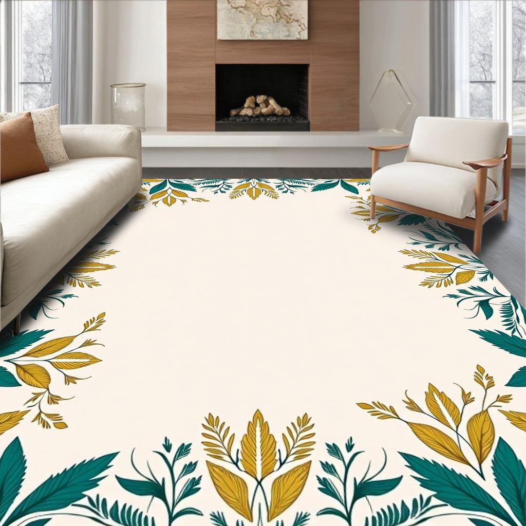 Teal Gold Botanical Border Rug