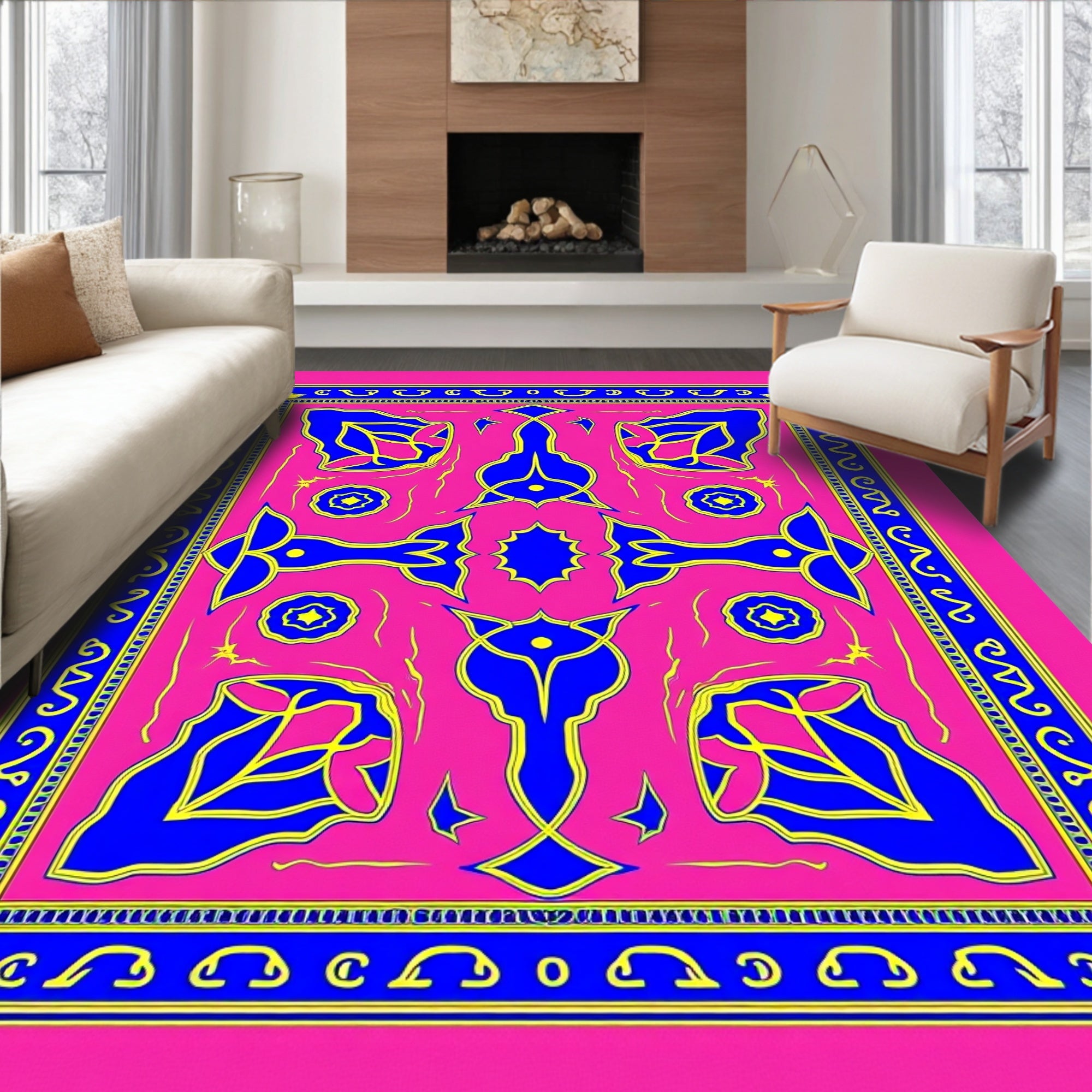 Bright Pink Blue Geometric Floral Pattern Rug
