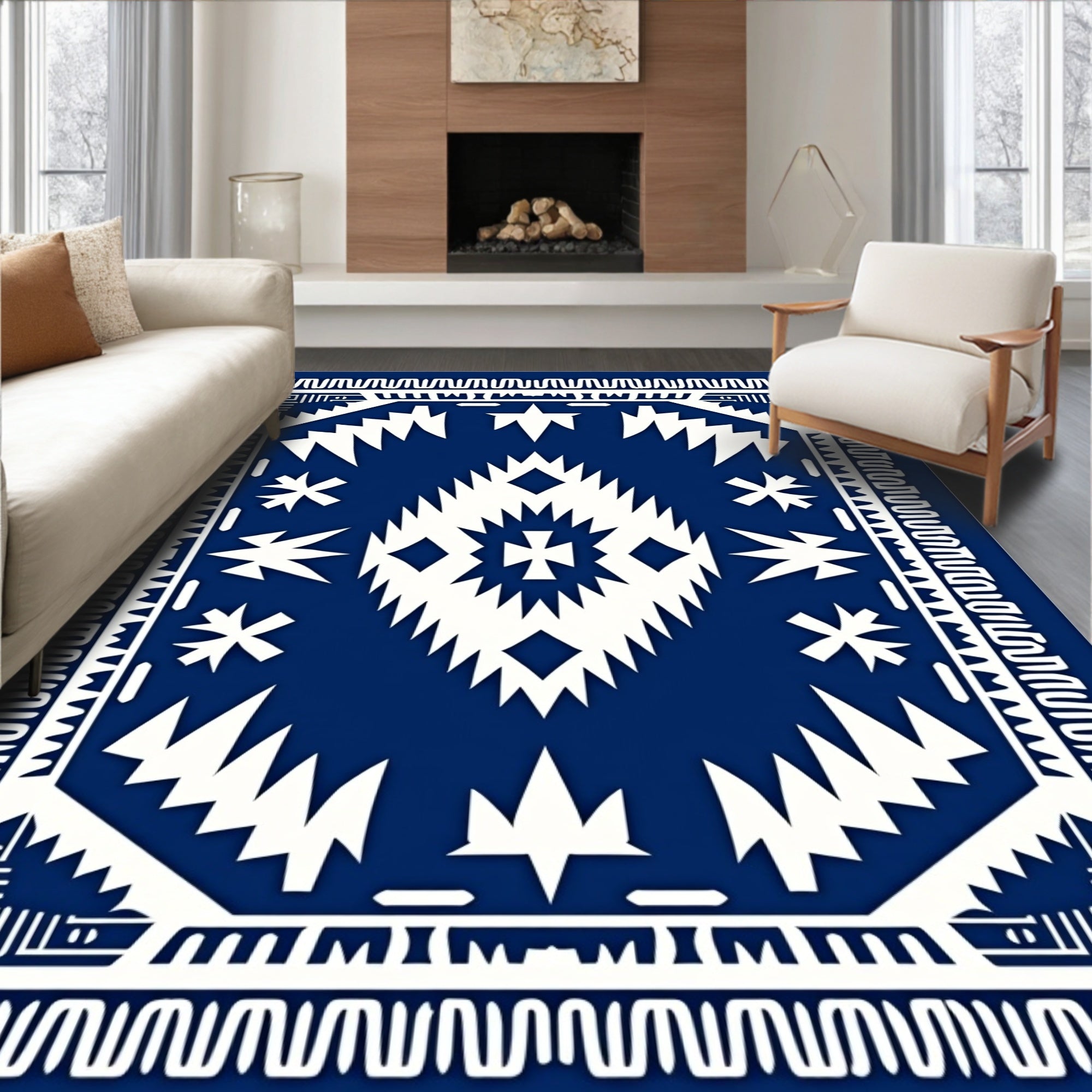 Striking Indigo Geometric Pattern Rug