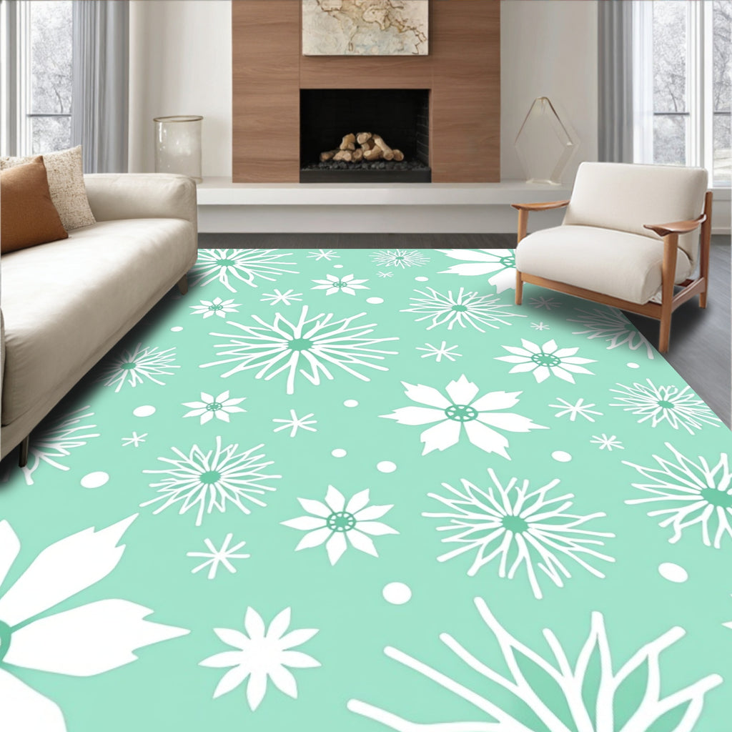 Mint Green Floral Snowflake Print Rug