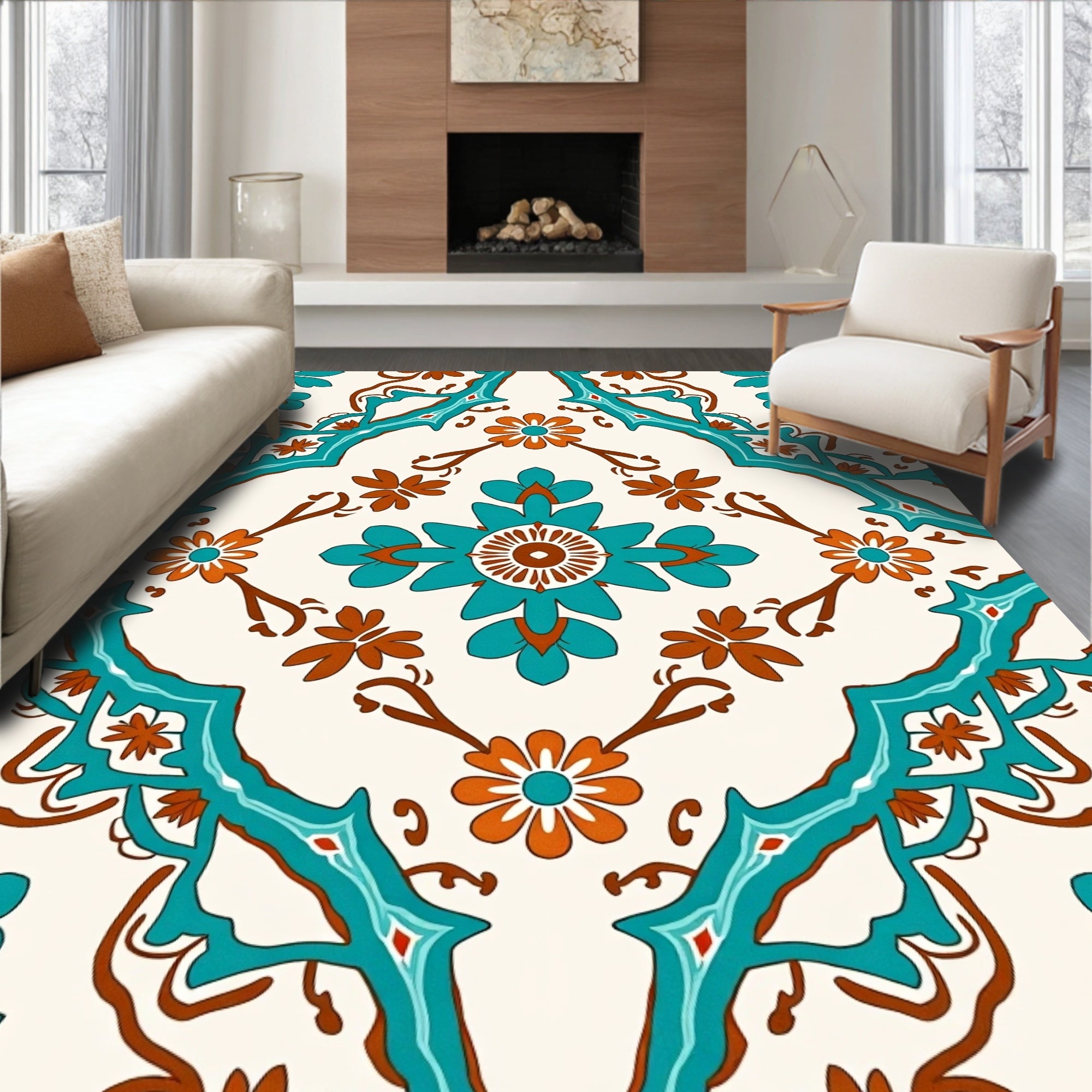 Turquoise And Orange Floral Symmetry Rug