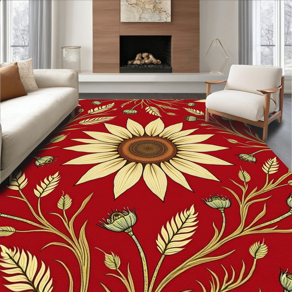 Bold Red Sunflower Botanical Pattern Rug