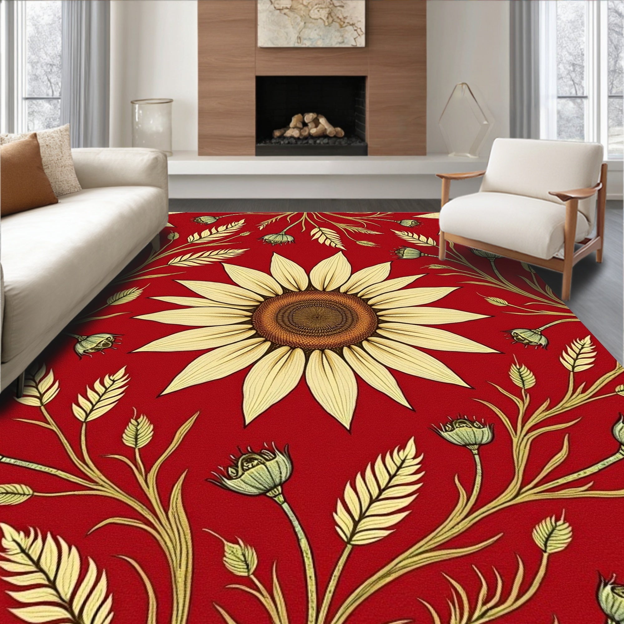 Bold Red Sunflower Botanical Pattern Rug