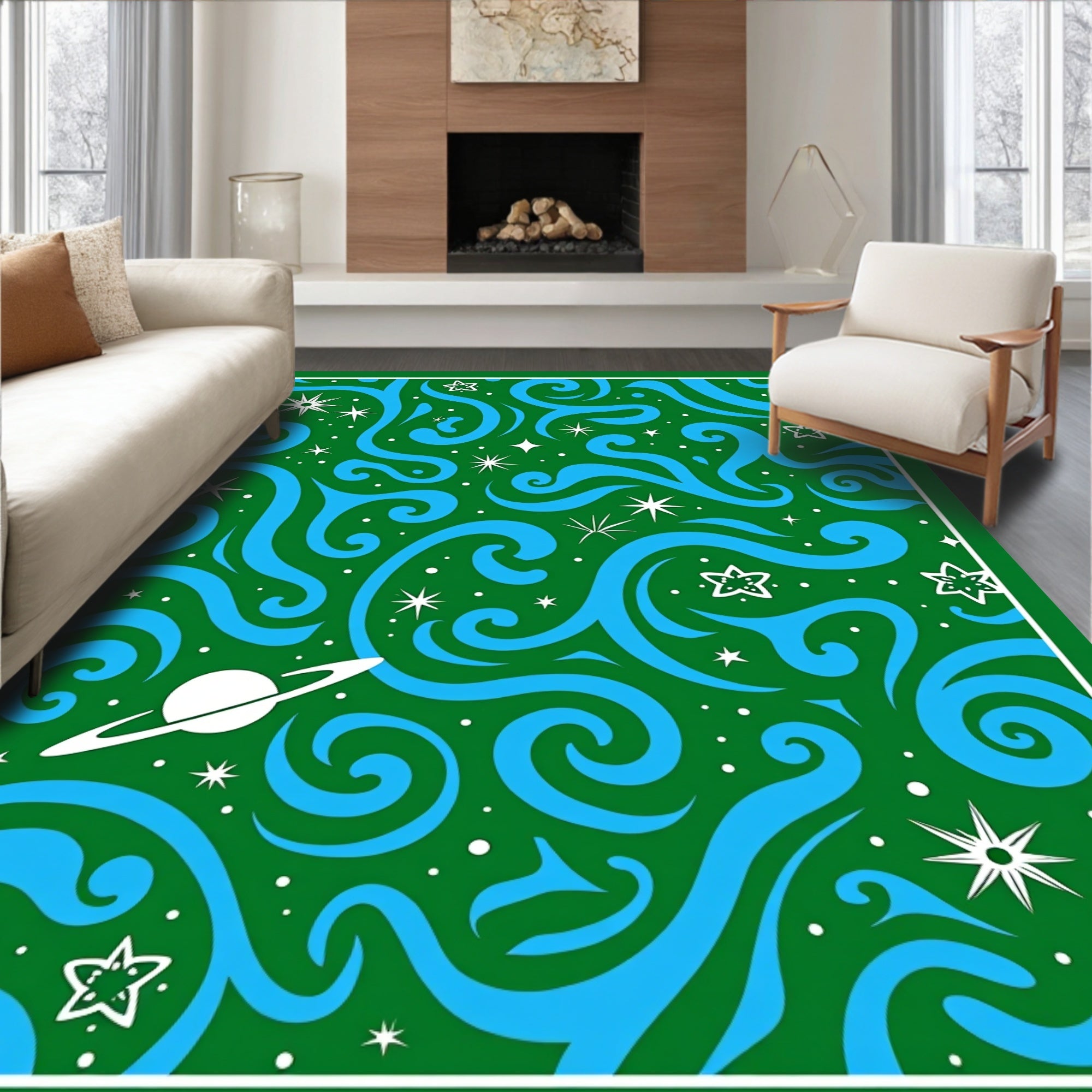 Cosmic Swirl Blue Green Planet Stars Rug