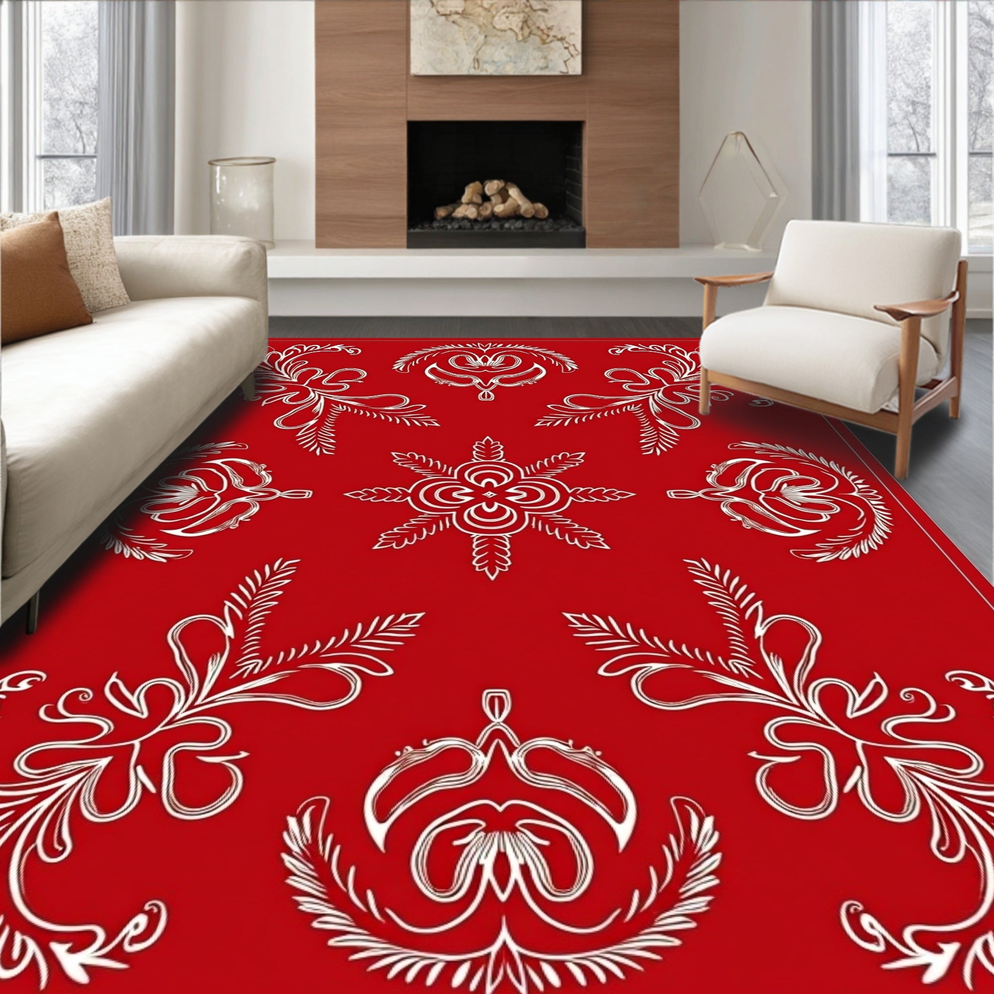 Red White Ornate Floral Scroll Rug