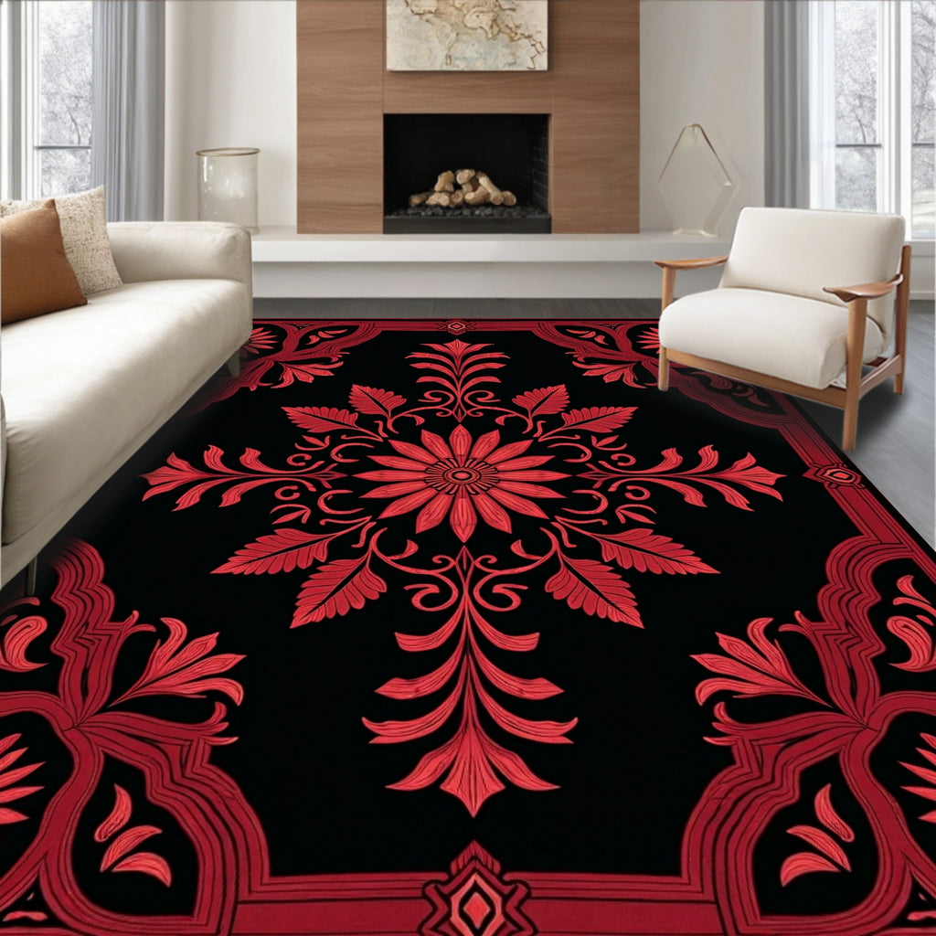 Ornate Red Floral Scrollwork Pattern Rug