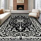 Intricate Black White Floral Motif Rug