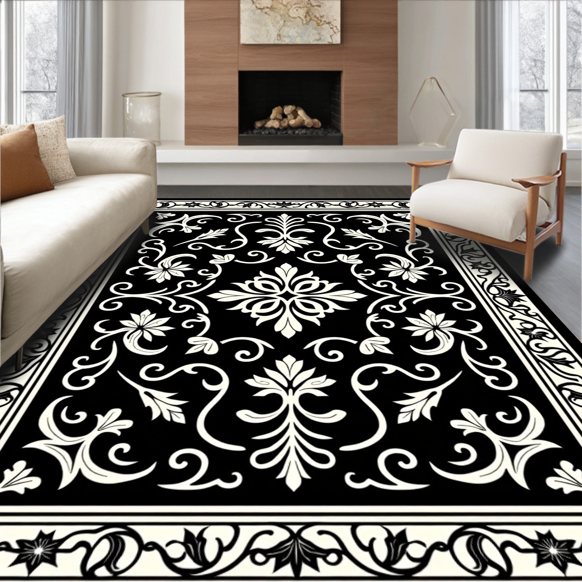 Classic Floral Scrollwork Black White Rug