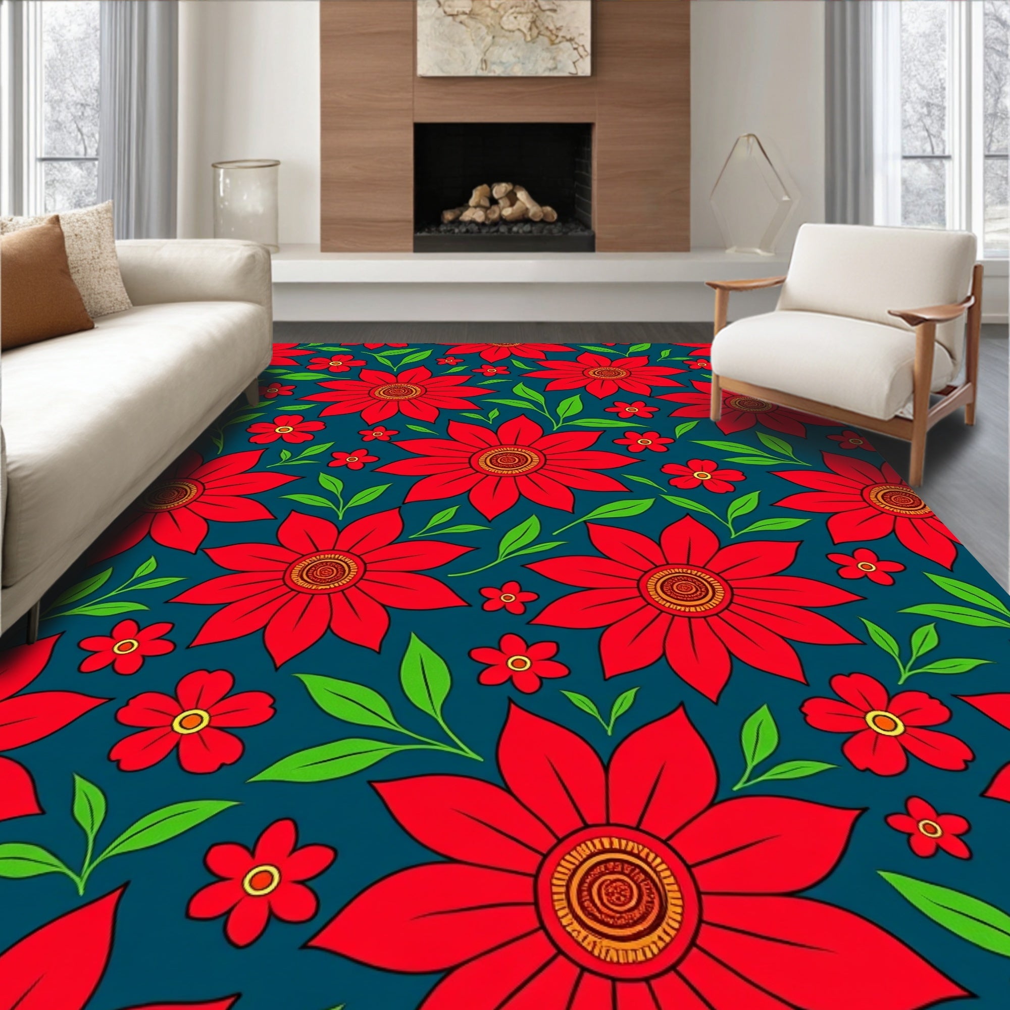 Bold Red Floral Pattern Rug
