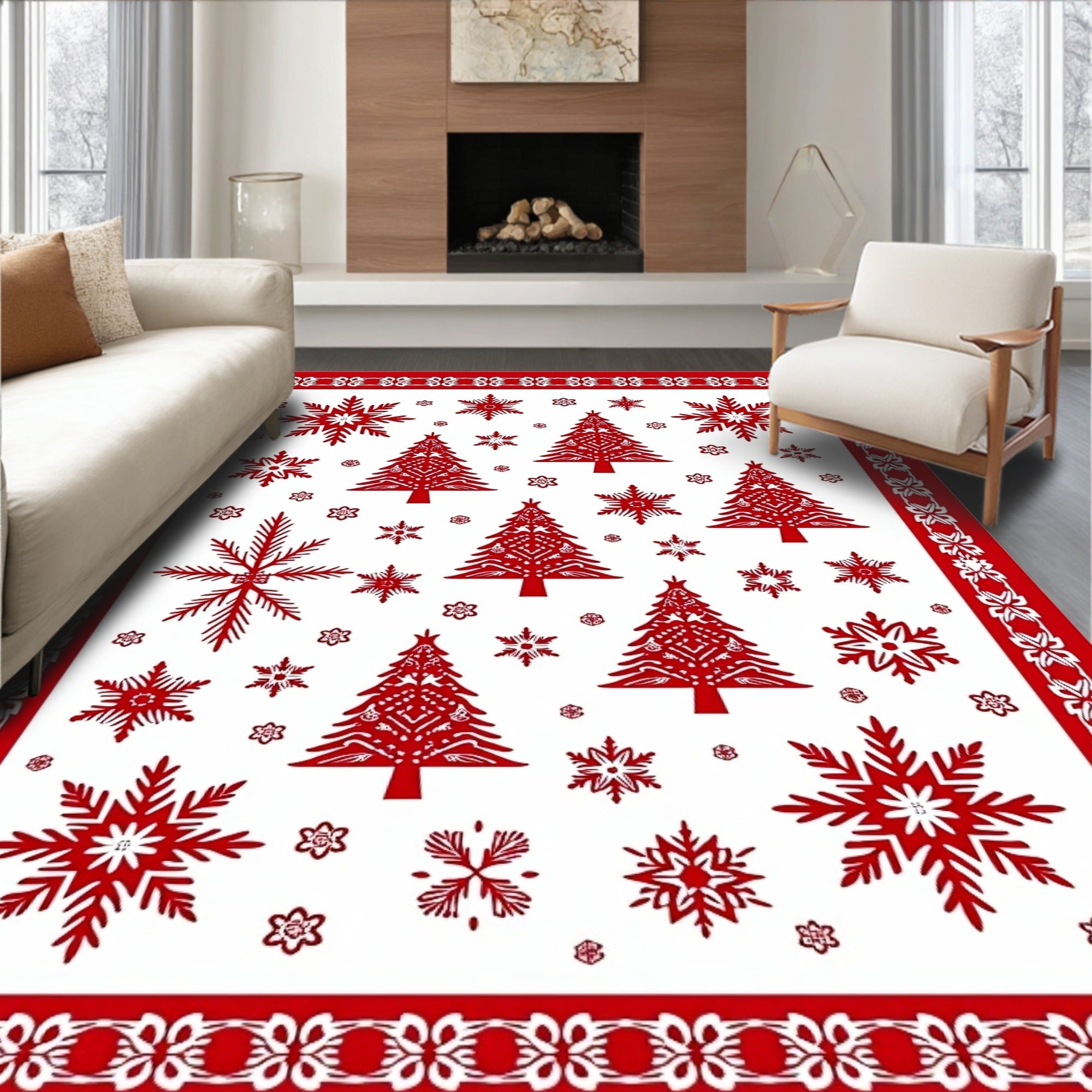 Red Snowflake and 3 Trees Pattern Rug