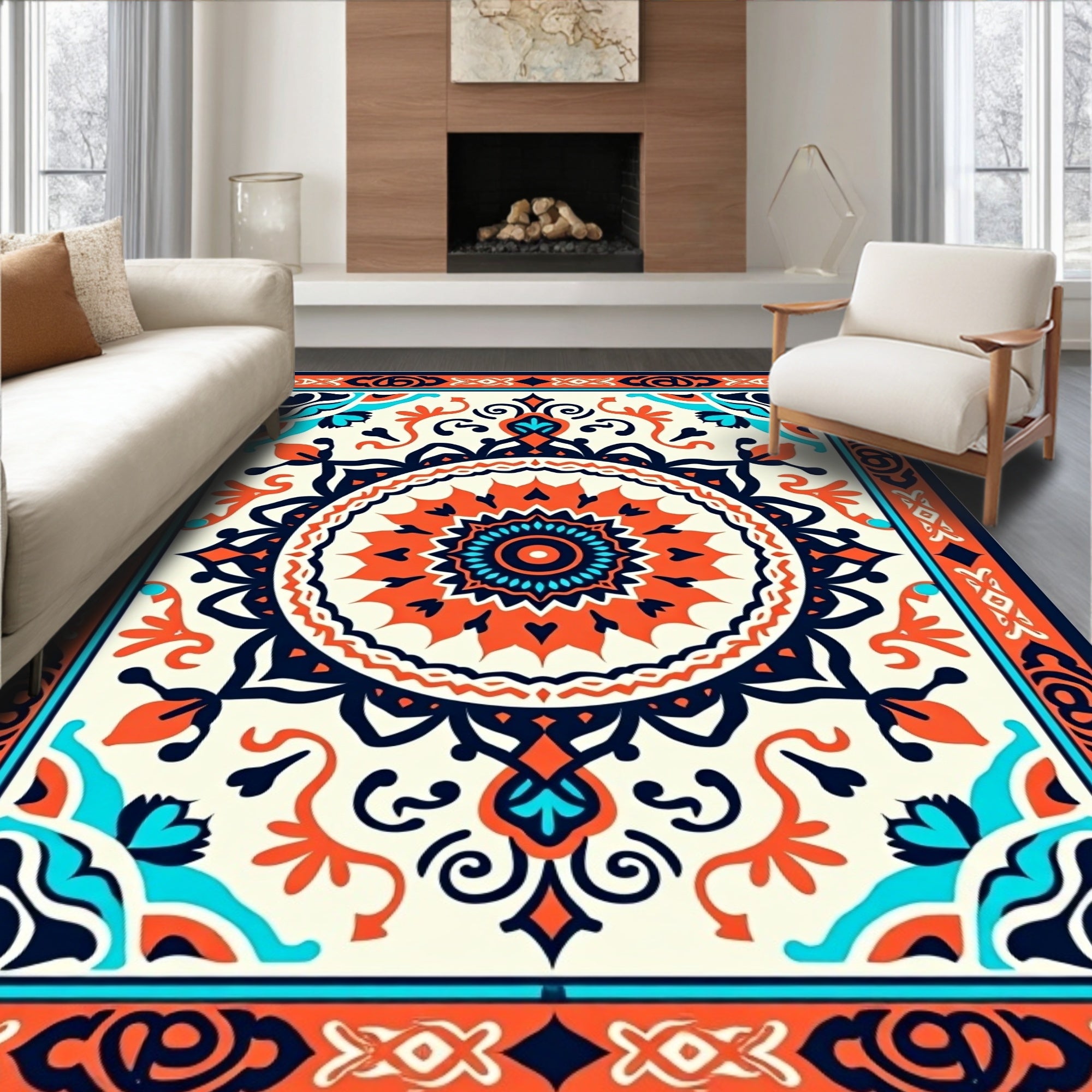 Vibrant Orange Mandala Pattern Rug