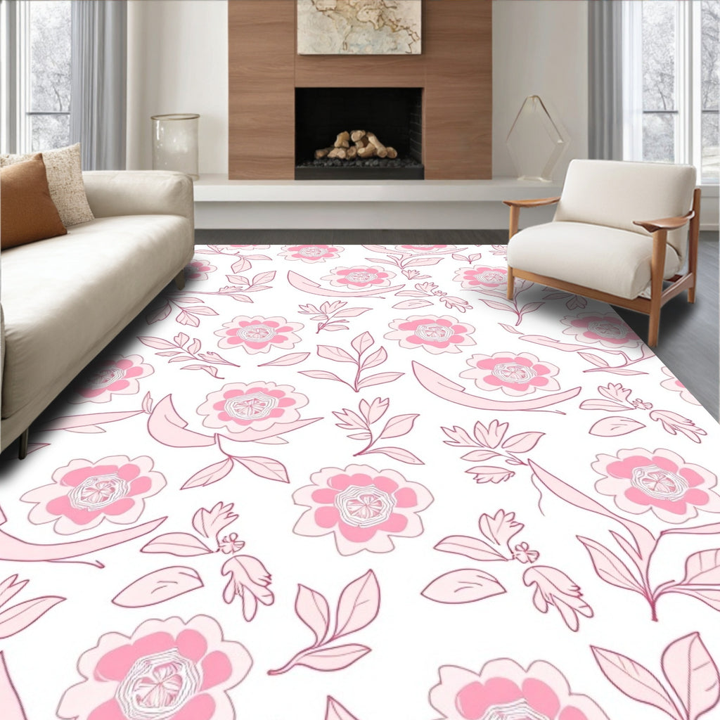 Sweet Pink Floral Outline Pattern Rug