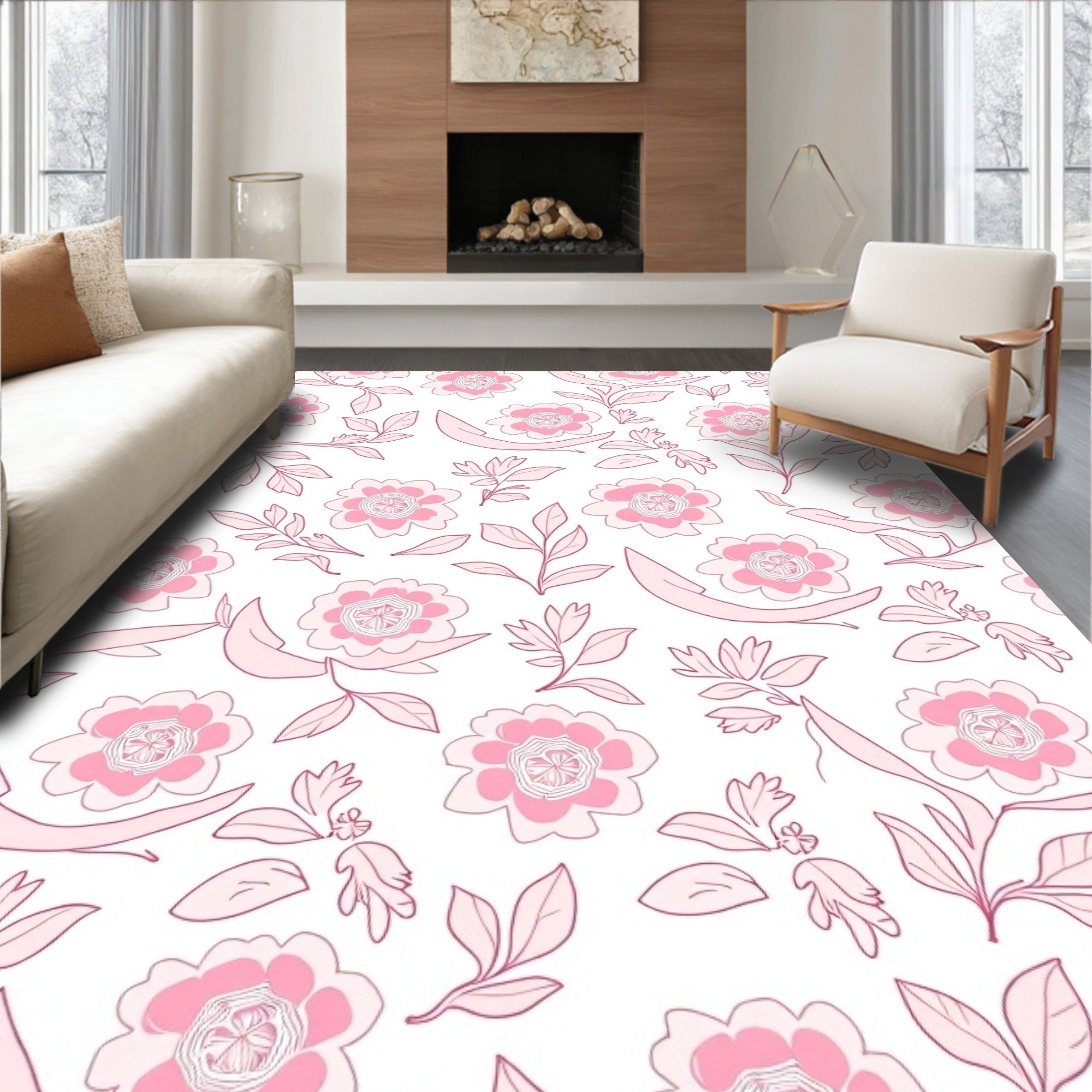 Sweet Pink Floral Outline Pattern Rug