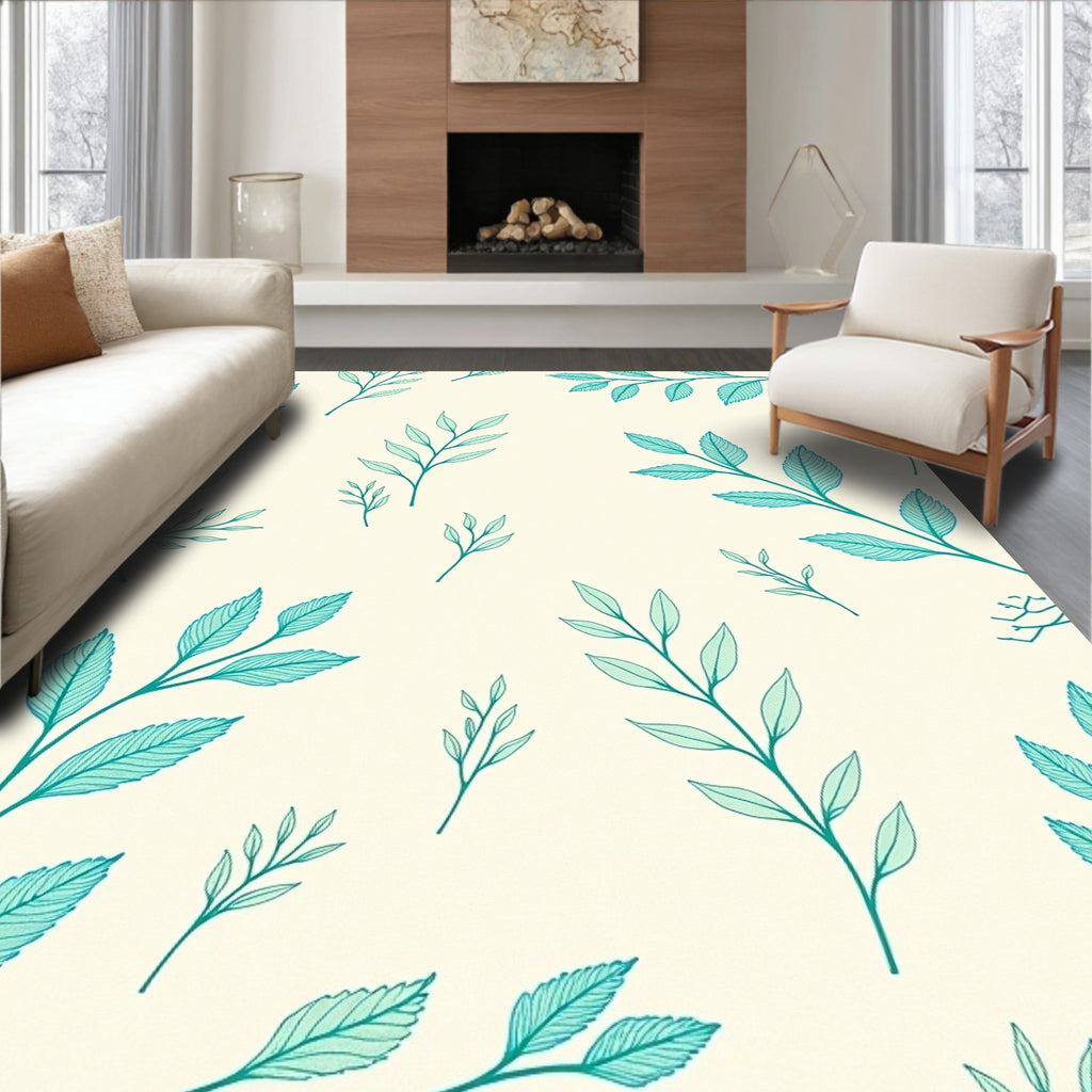 Teal Leaf Pattern on Cream Background Rug