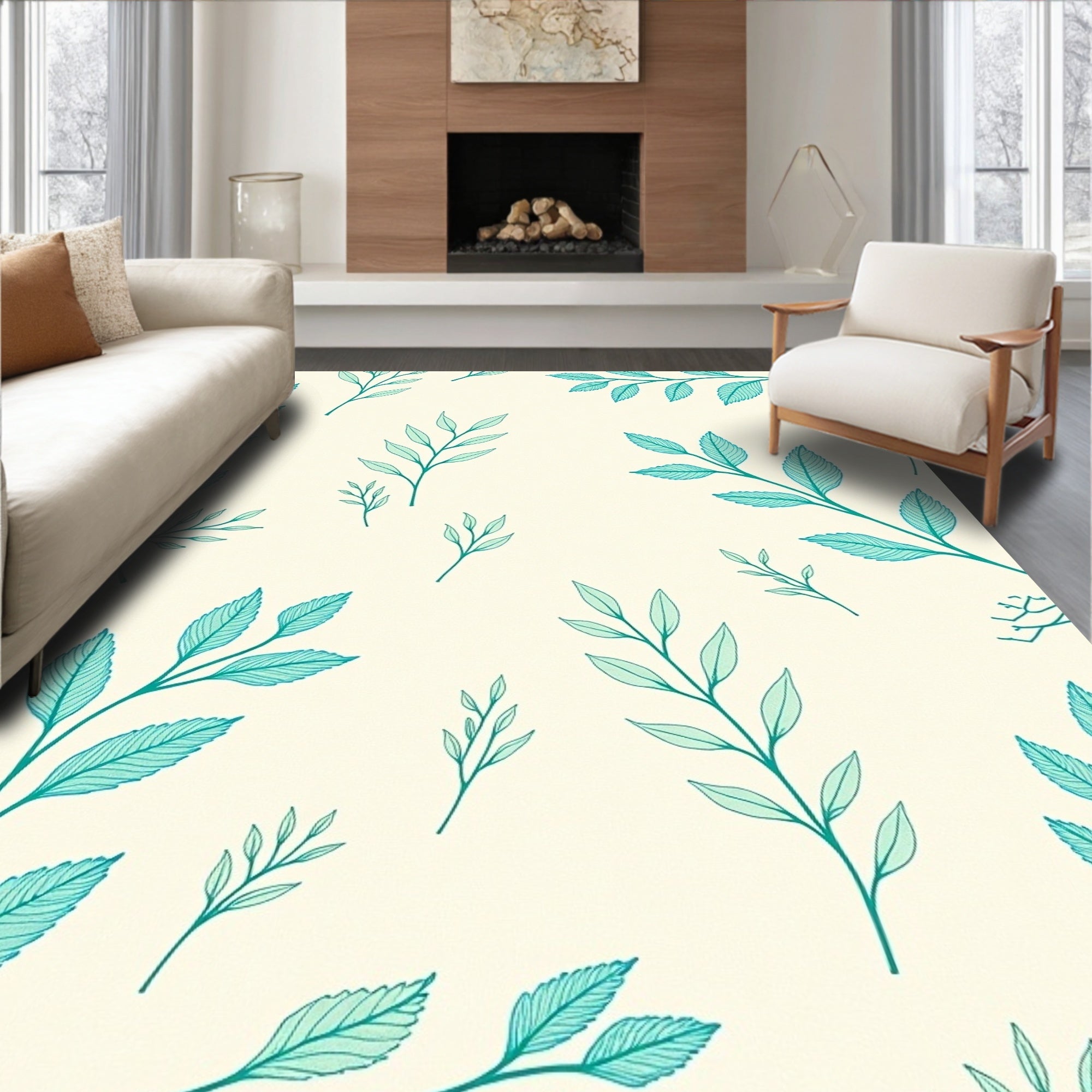 Teal Leaf Pattern on Cream Background Rug