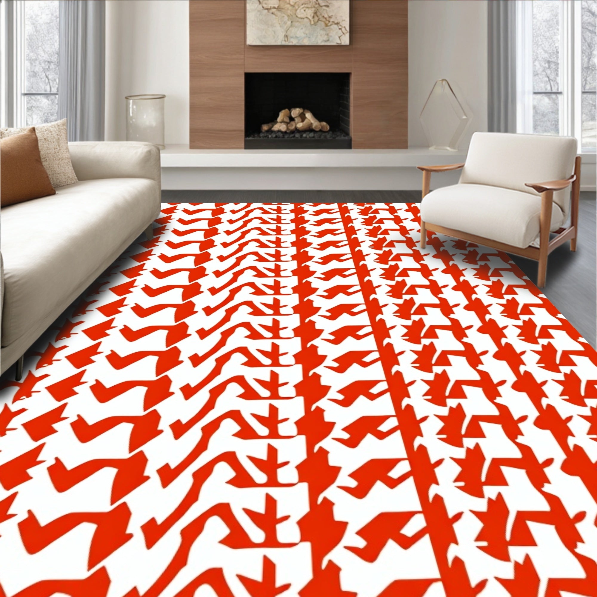 Vivid Red Abstract Geometric Pattern Rug