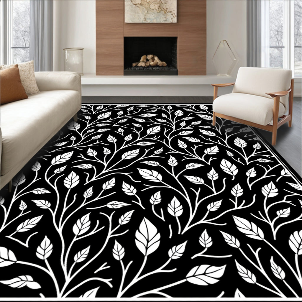 Classic Black White Leaf Pattern Rug