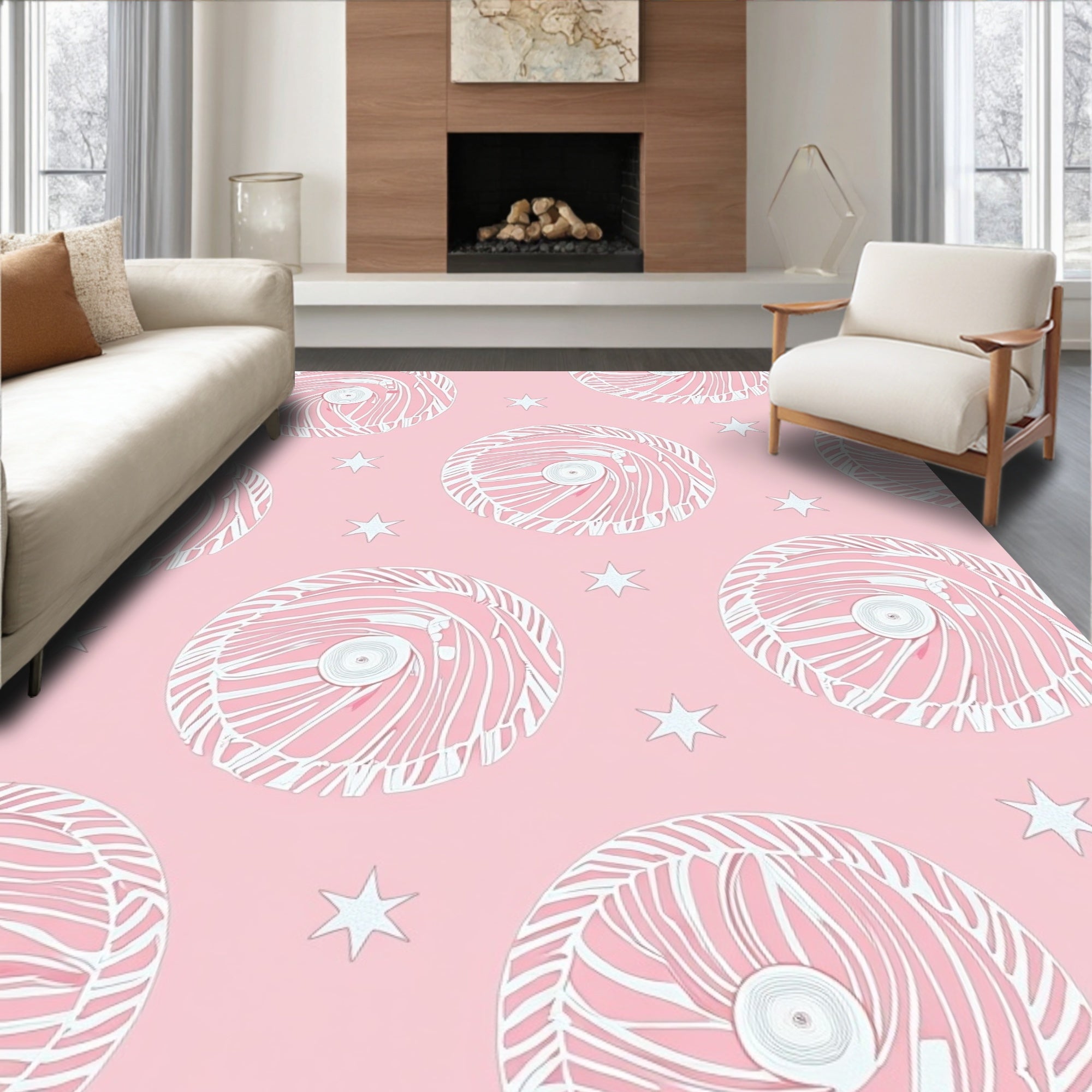 Whimsical Pink Swirl Star Pattern Rug