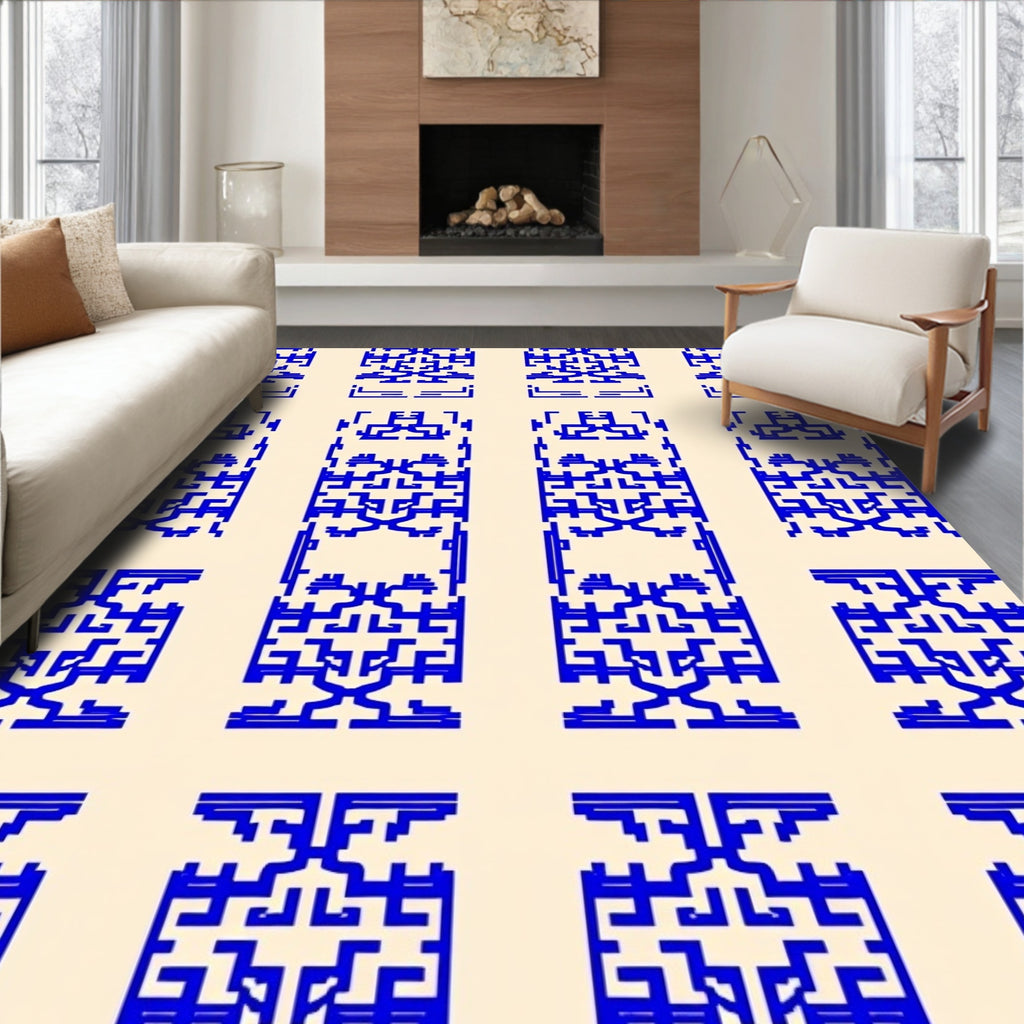 Geometric Blue Cream Abstract Pattern Rug