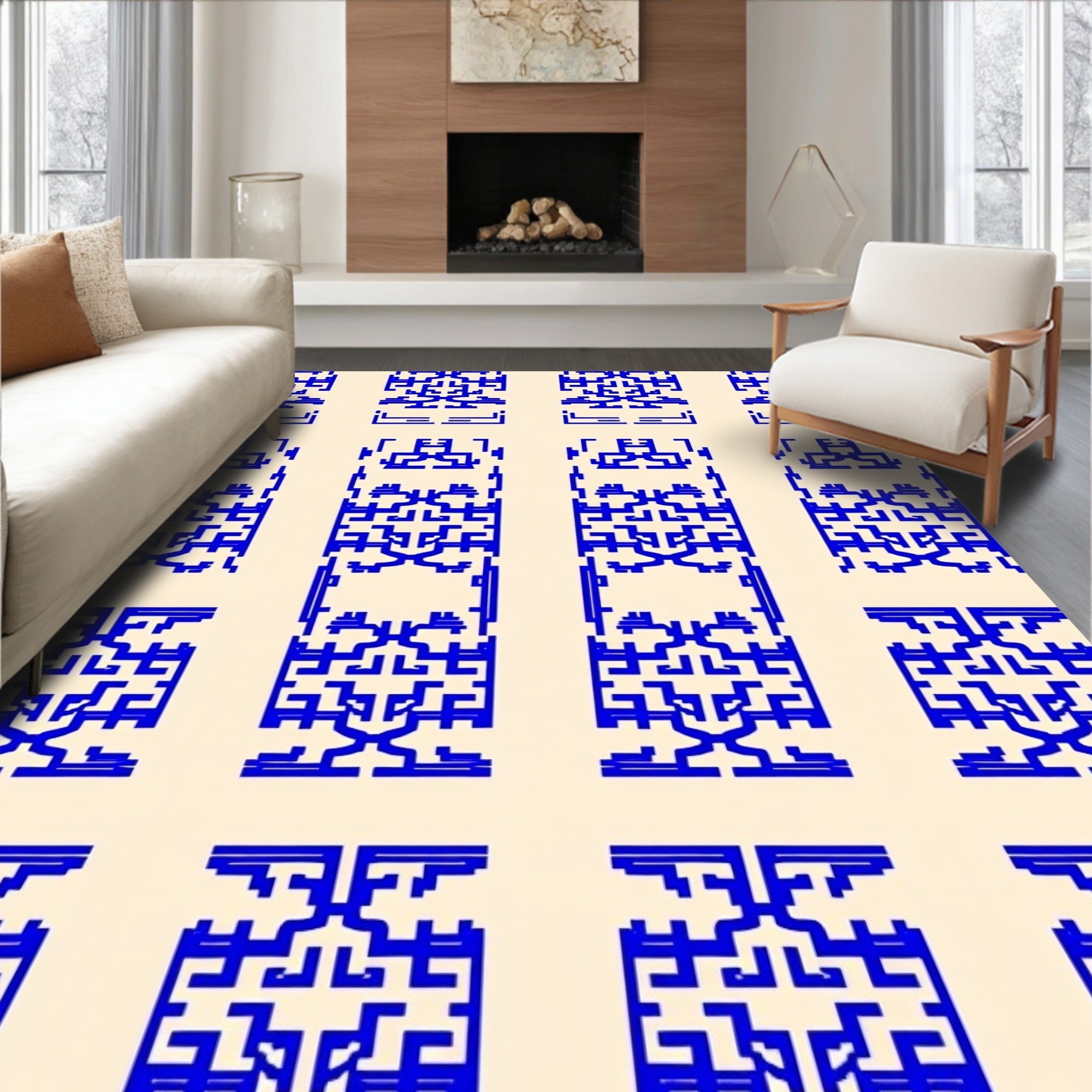 Geometric Blue Cream Abstract Pattern Rug