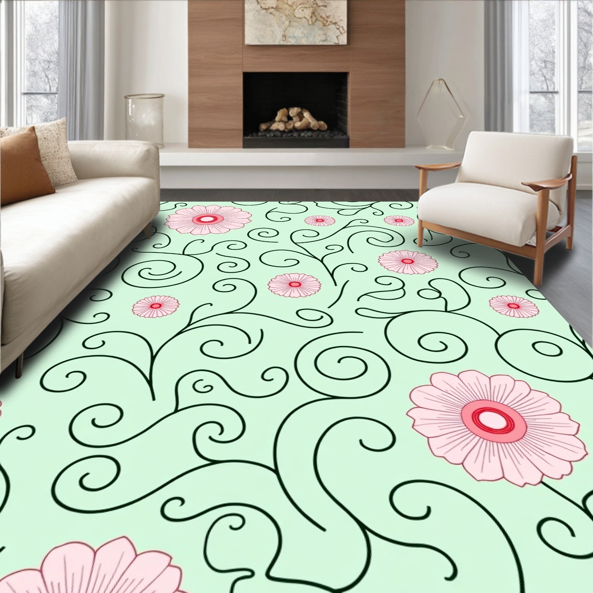 Whimsical Pink Floral Swirl Pattern Rug