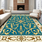 Ornate Teal Gold Floral Scroll Rug