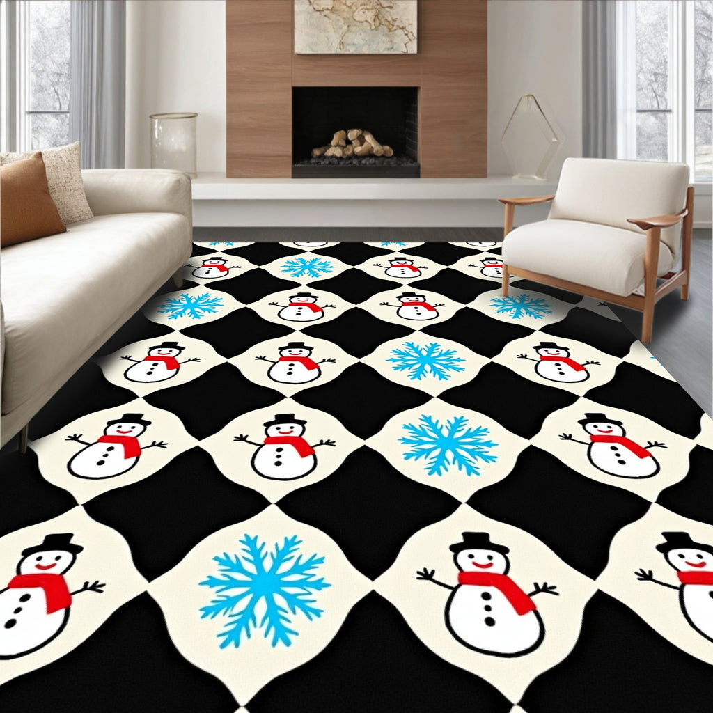 Snowman and Snowflake Pattern Print Rug