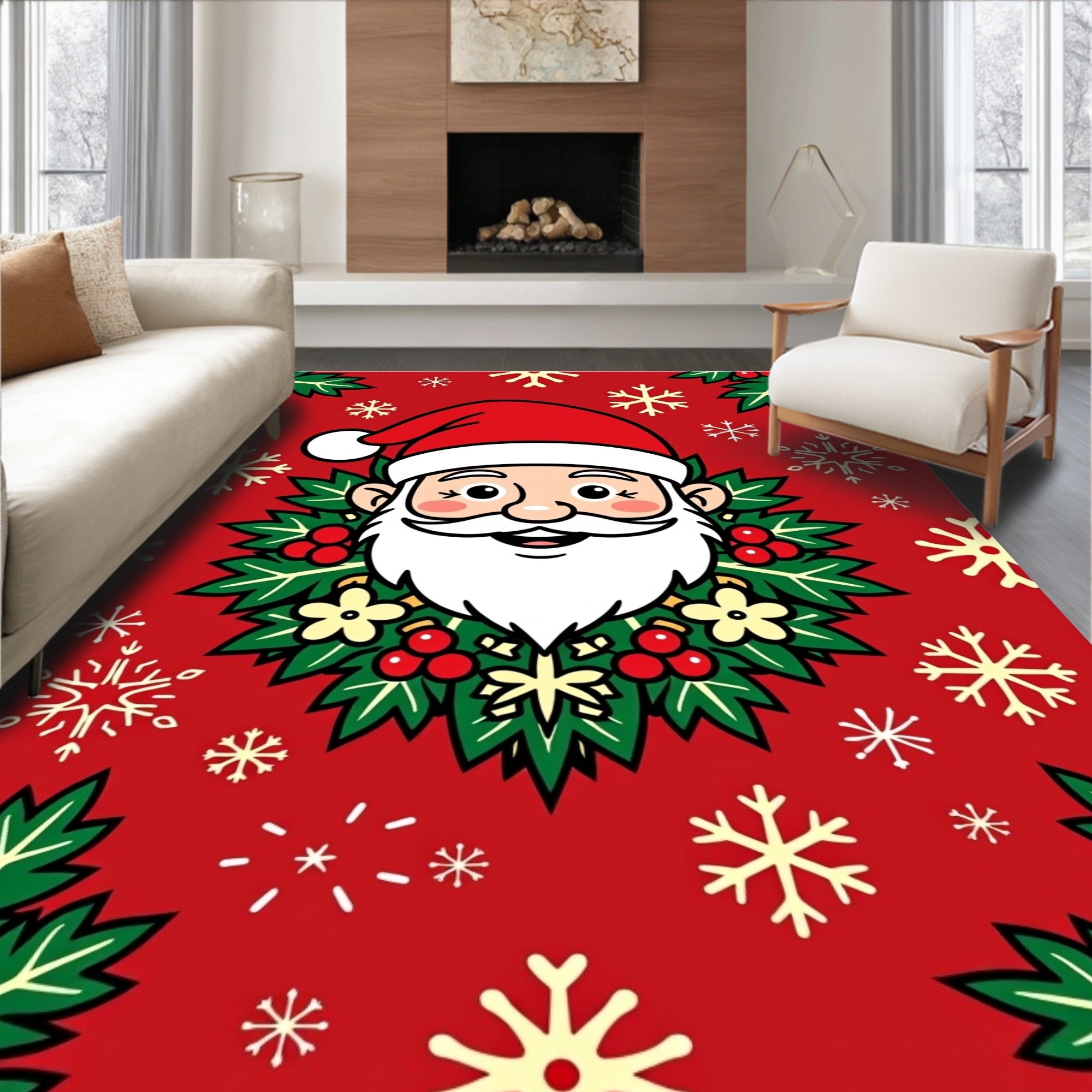 Festive Santa Claus Holly Pattern Rug