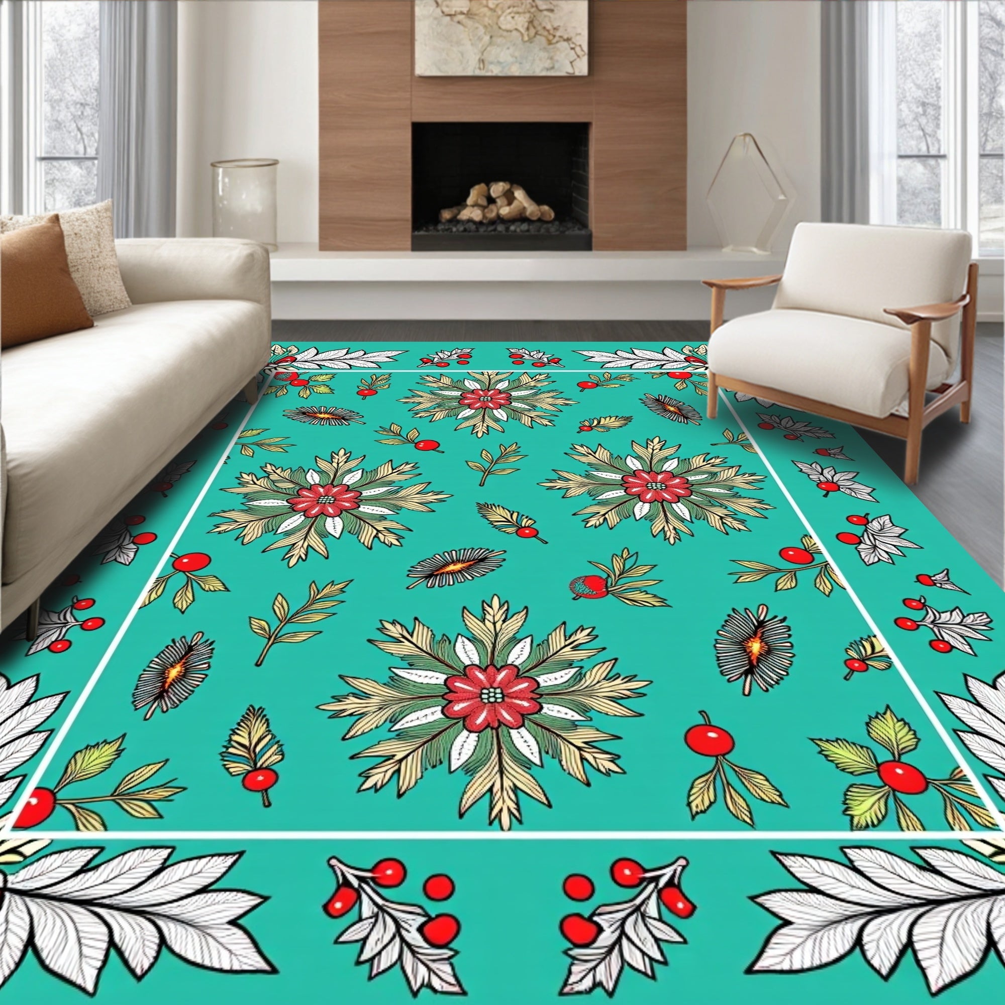 Red Floral Berry Foliage Pattern Rug