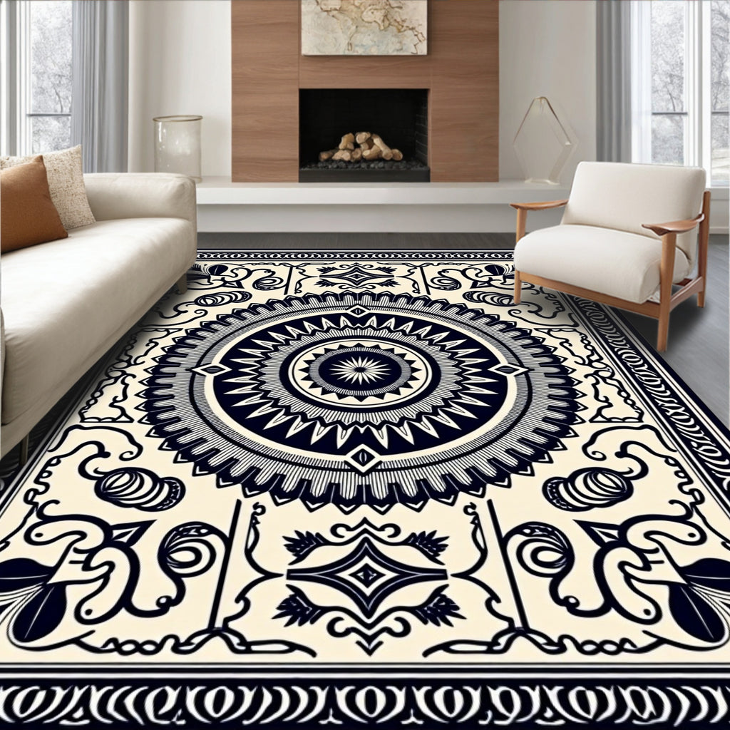 Intricate Circular Floral Border Design Rug