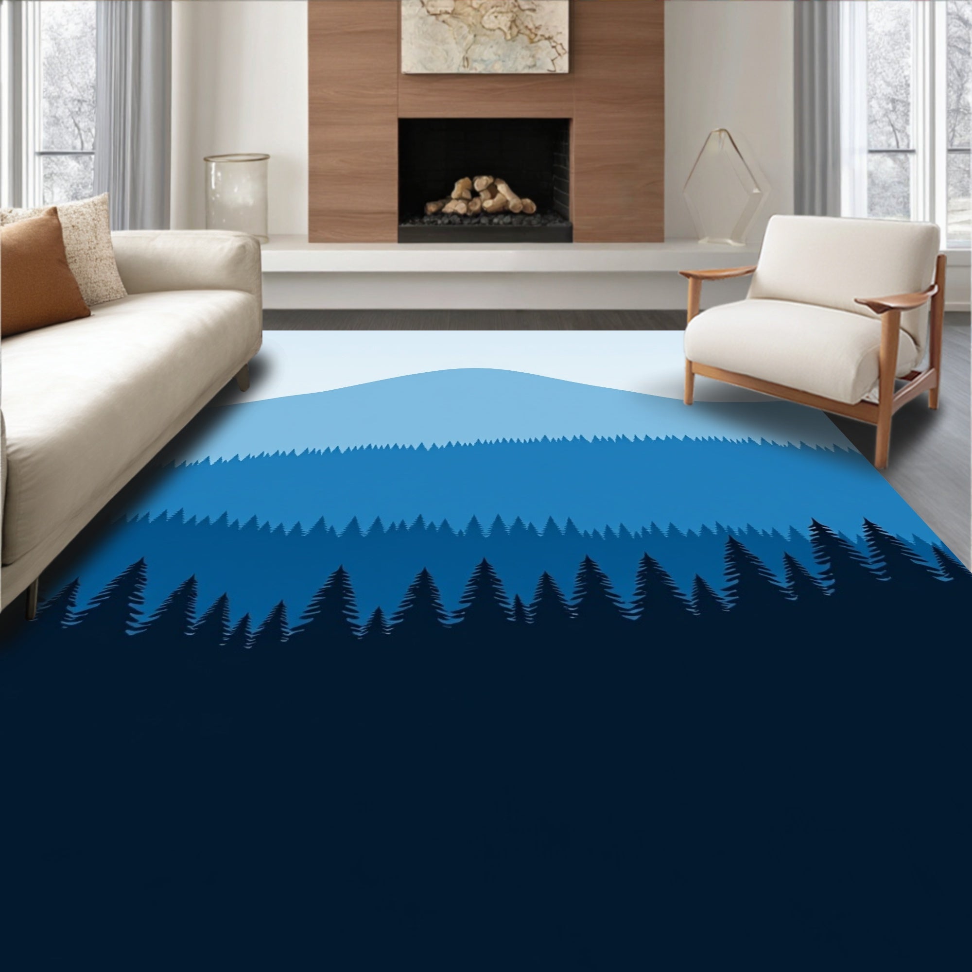 Layered Forest Silhouette Landscape Design Rug