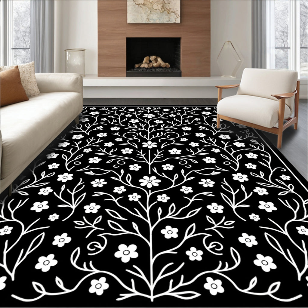 Elegant White Floral Branch Pattern Rug