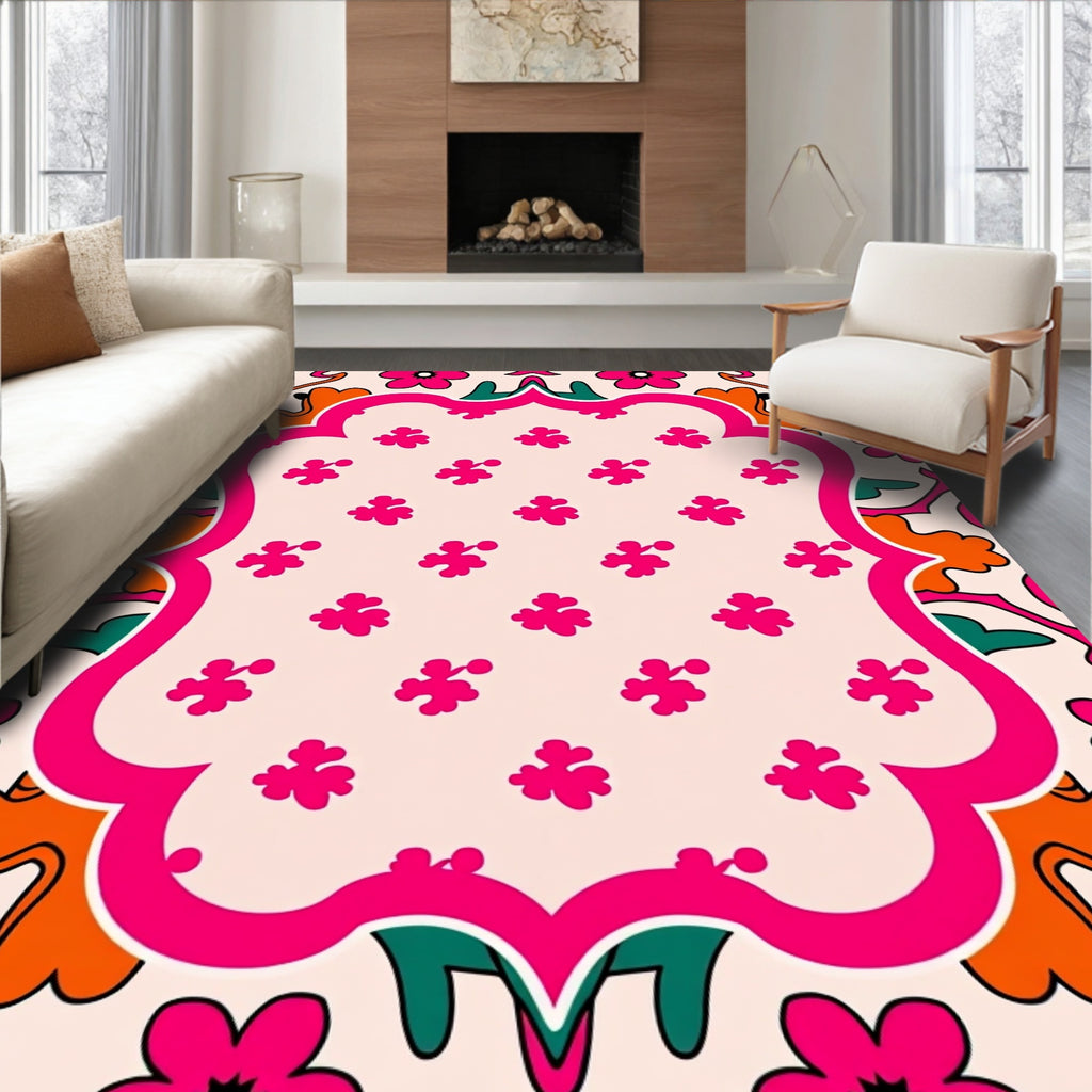 Whimsical Floral Pink Orange Pattern Rug