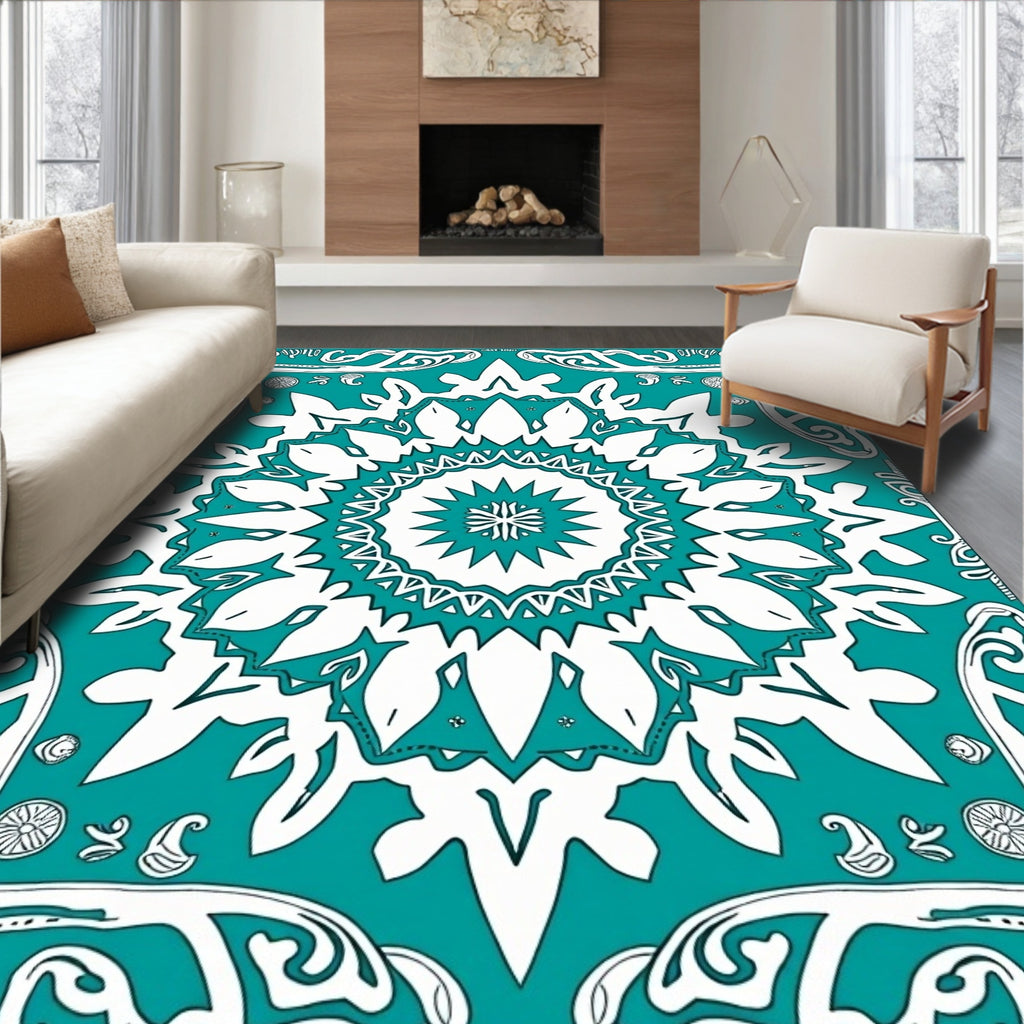 Bold Teal White Geometric Medallion Rug